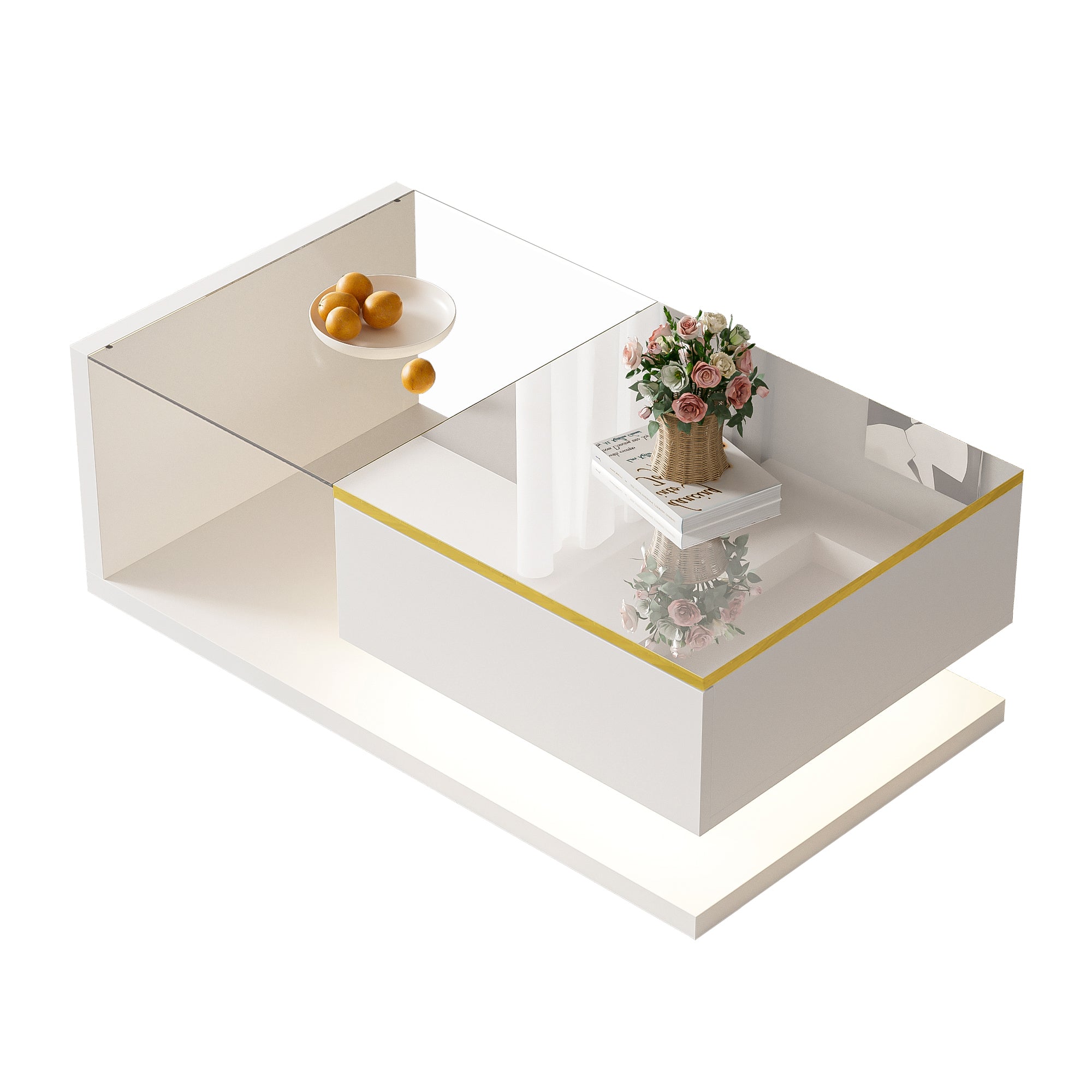 Coffee Table 90cm, High-Gloss White with Glass & LED Effect