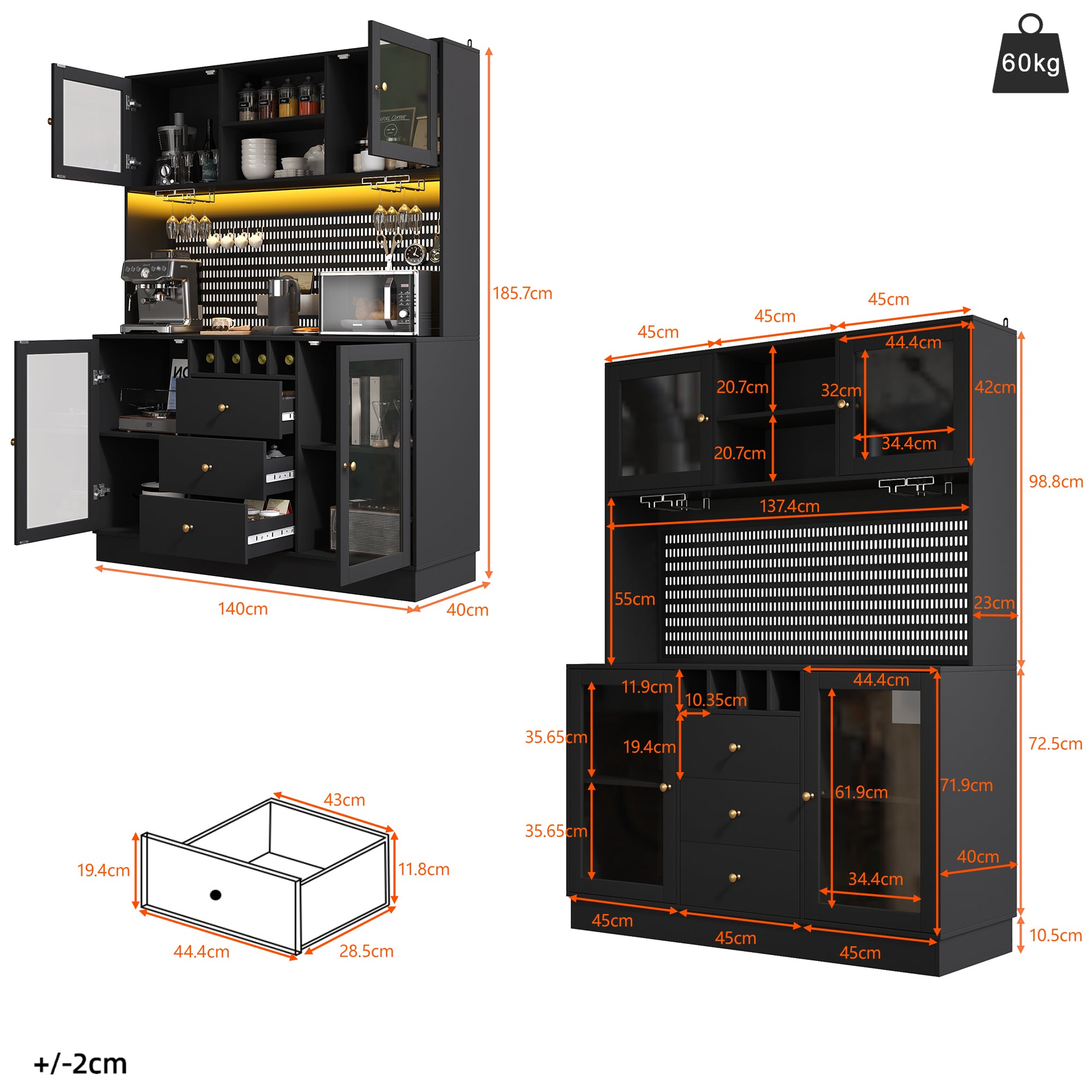Modern Tall Cabinet with Smart LED Lighting, Wine Rack and Adjustable Shelves, Black