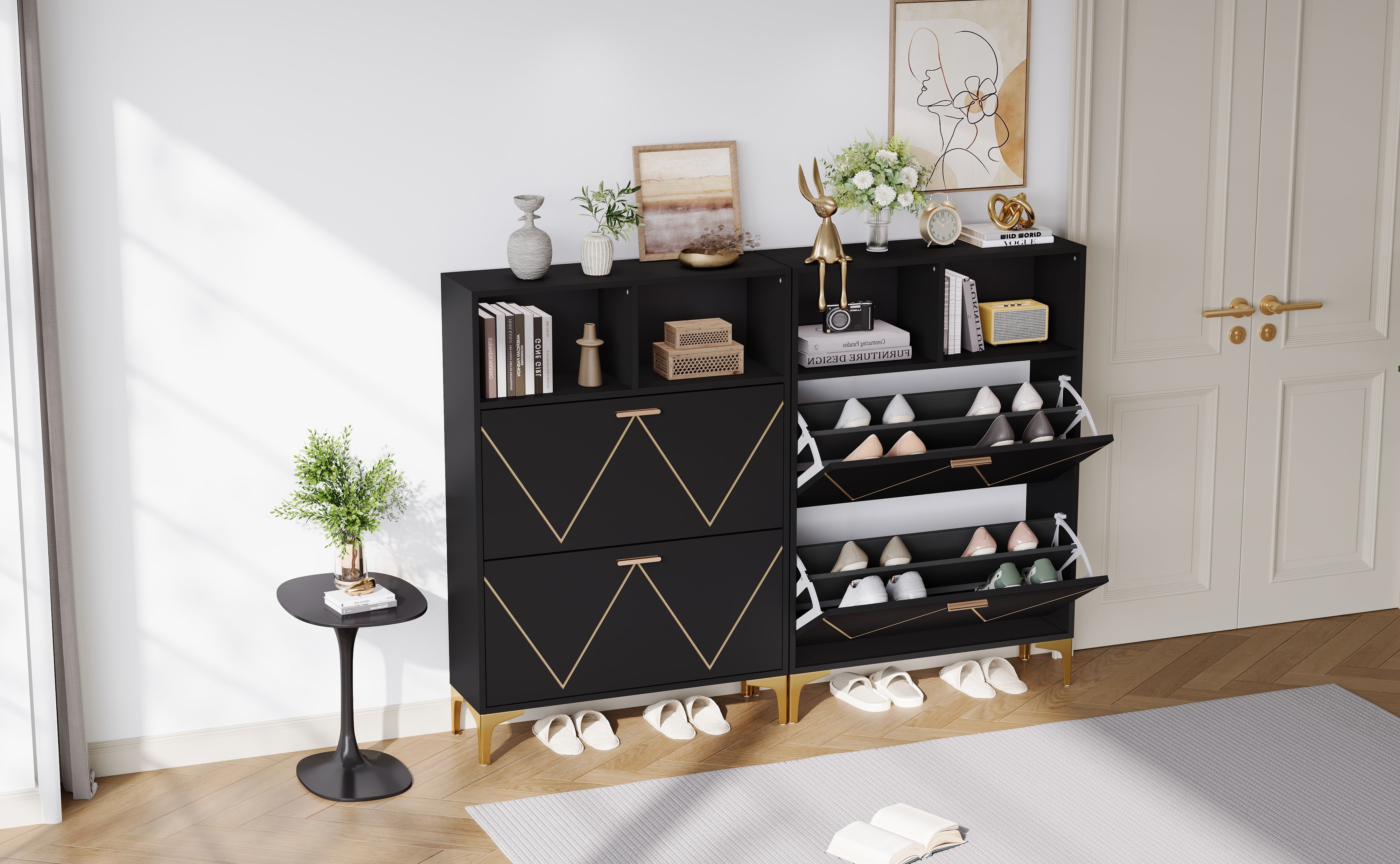 Shoe Cabinet with 4 Drop-Down Doors, 8 Compartments, 4 Semi-Open Shelves, Raised Legs, MDF + Metal