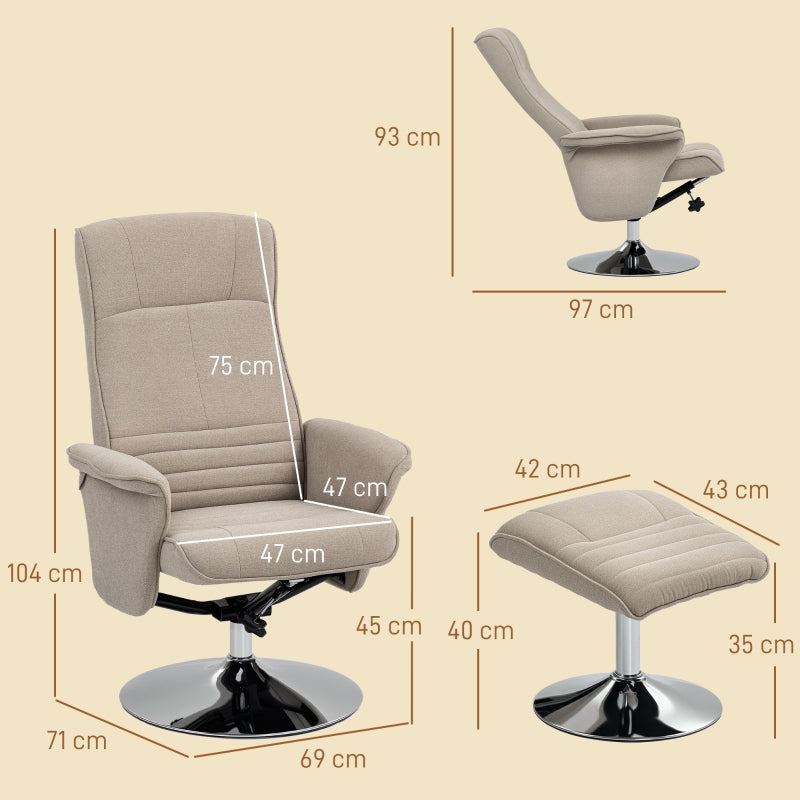 Swivel Recliner Chair with Footstool, 135° Recline 360° Swivel, Beige Velvet
