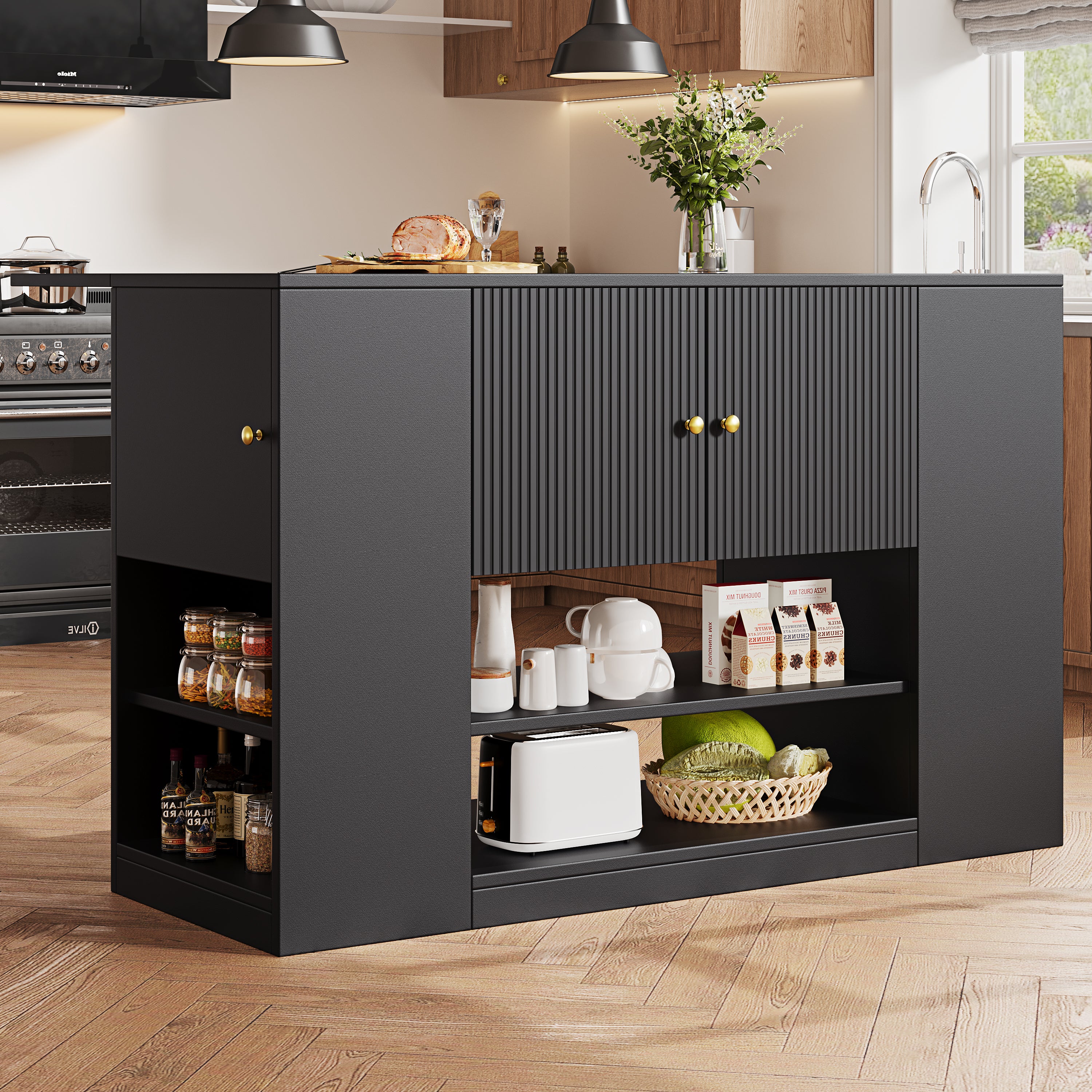 Modern Kitchen Island Cabinet Drawers Shelves Buffet Storage - Black