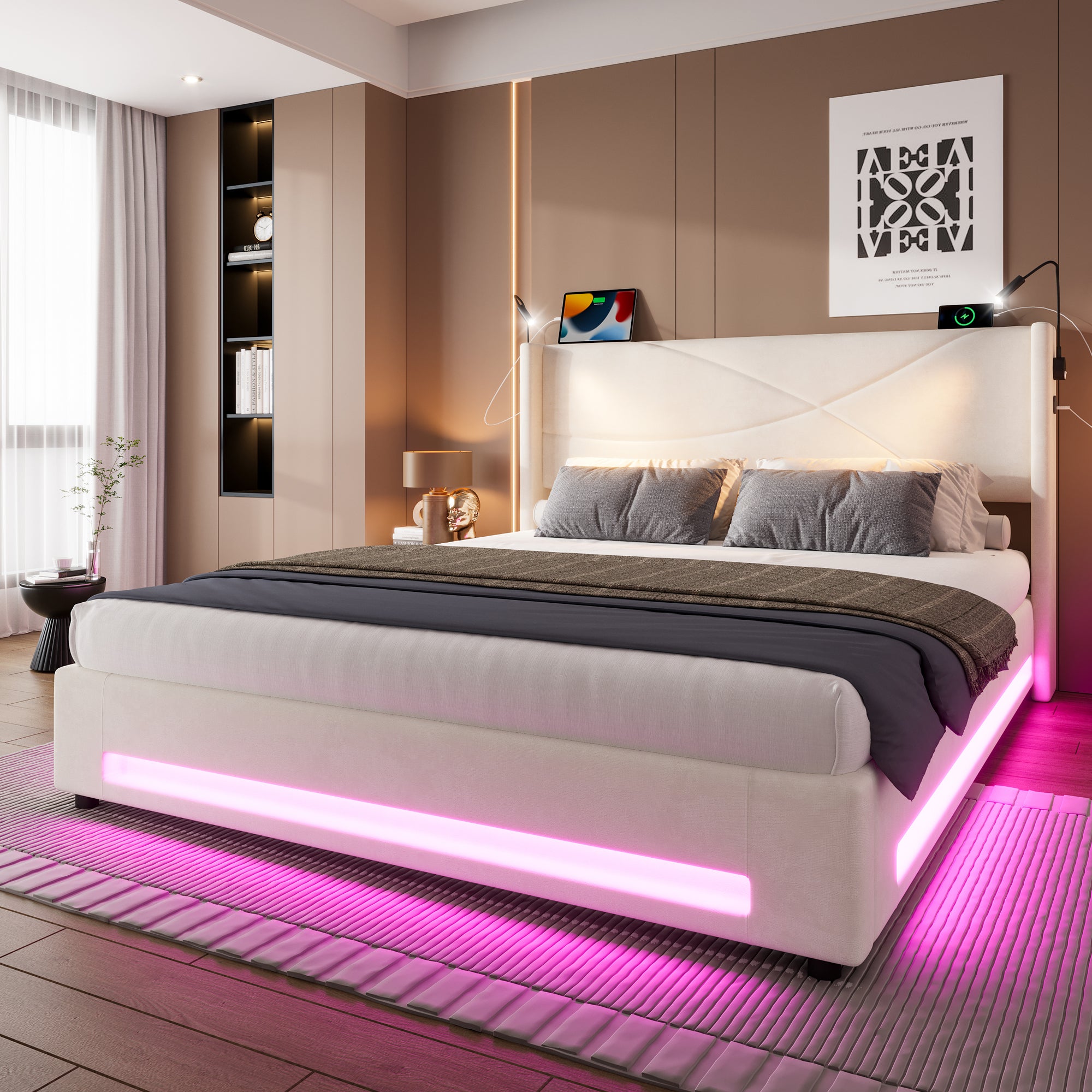 Bed Frame, Modern with Reading Lights, LED, Hydraulic Storage, USB Ports, 140x200cm