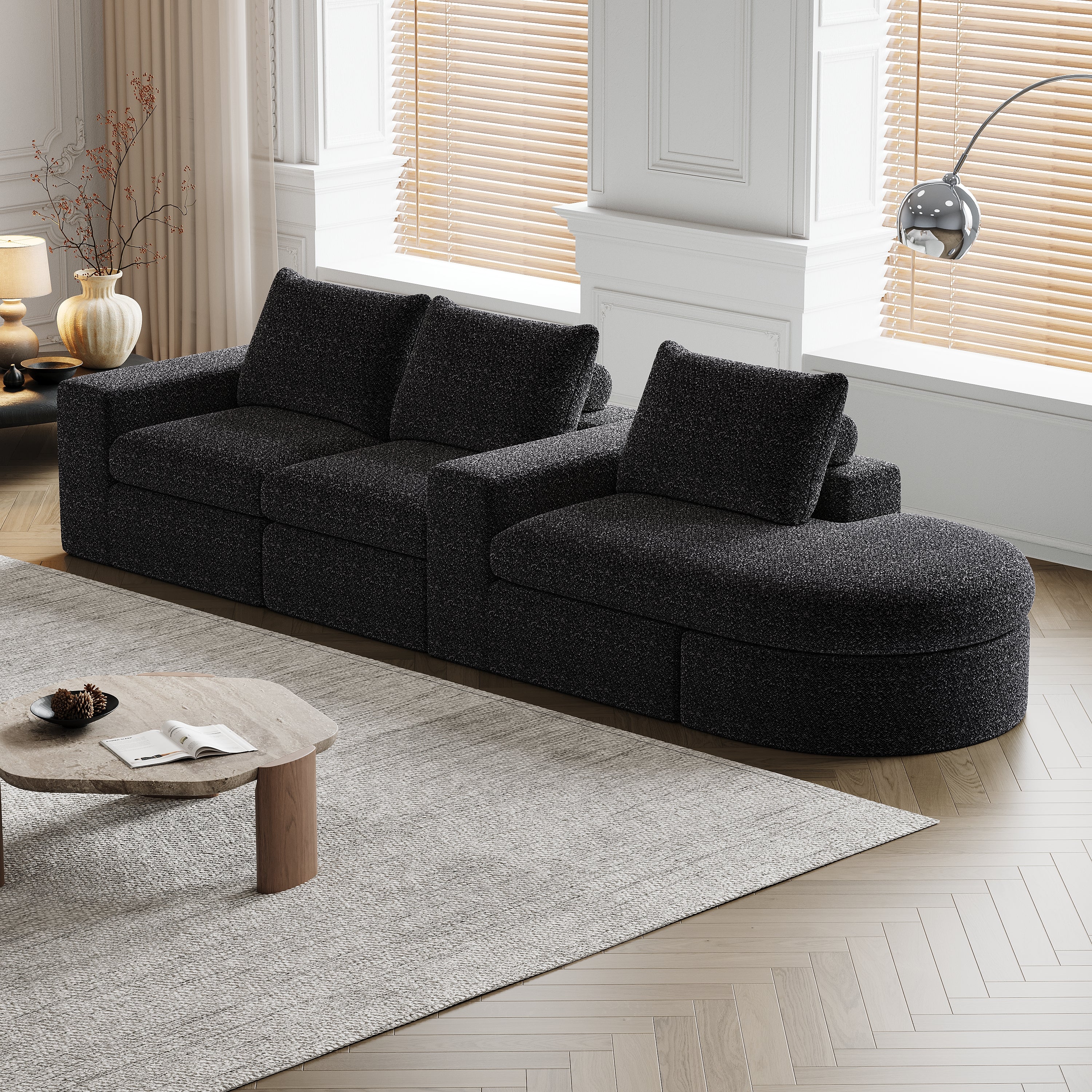 Chenille Sofa, Curved Modular L-Lounger, Foam Compression