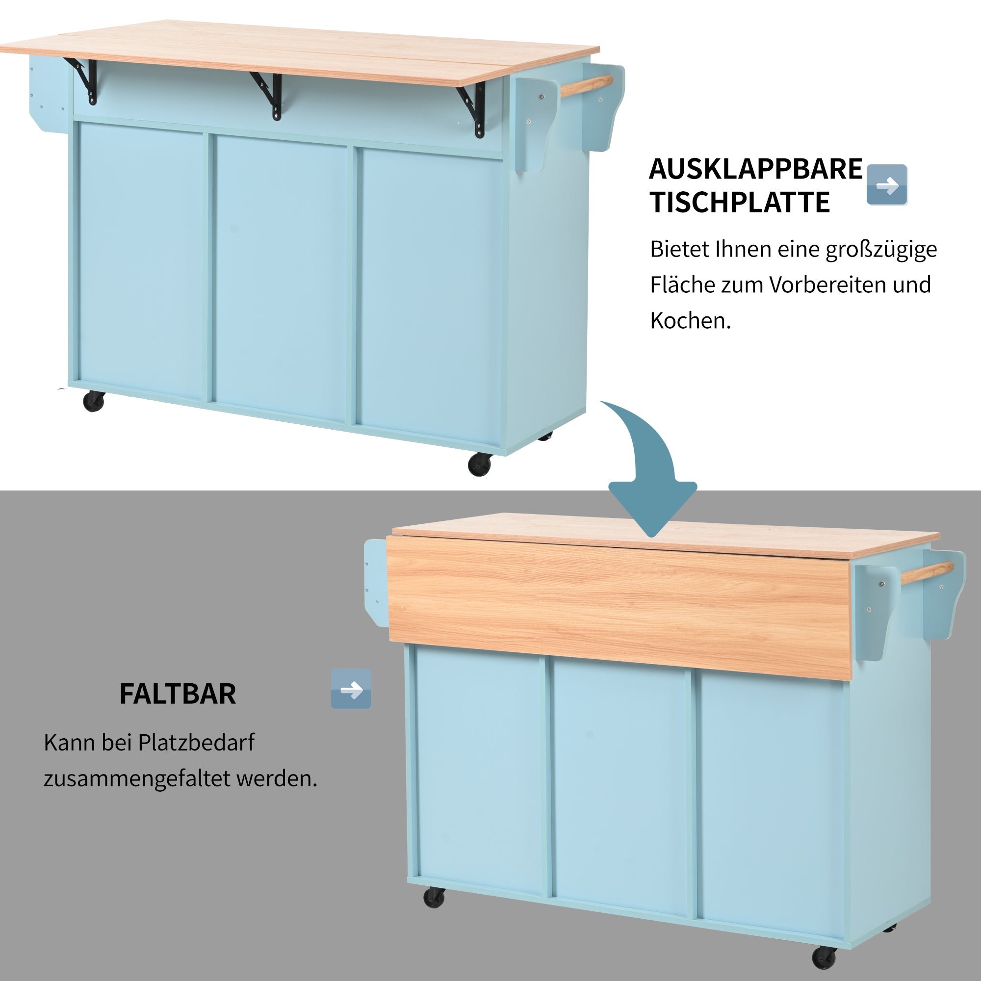 Dining Trolley Sideboard with Fold-Down Worktop and Casters, Blue and Solid Wood Grain