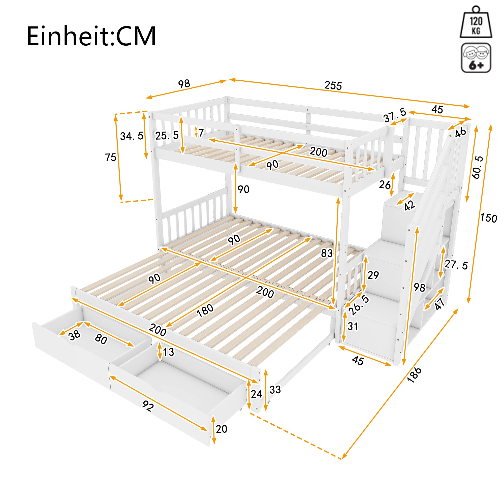 Bunk Bed 90x200cm, Pull-Out Bed, Stowable Steps, 2 Drawers, Pine Wood, White