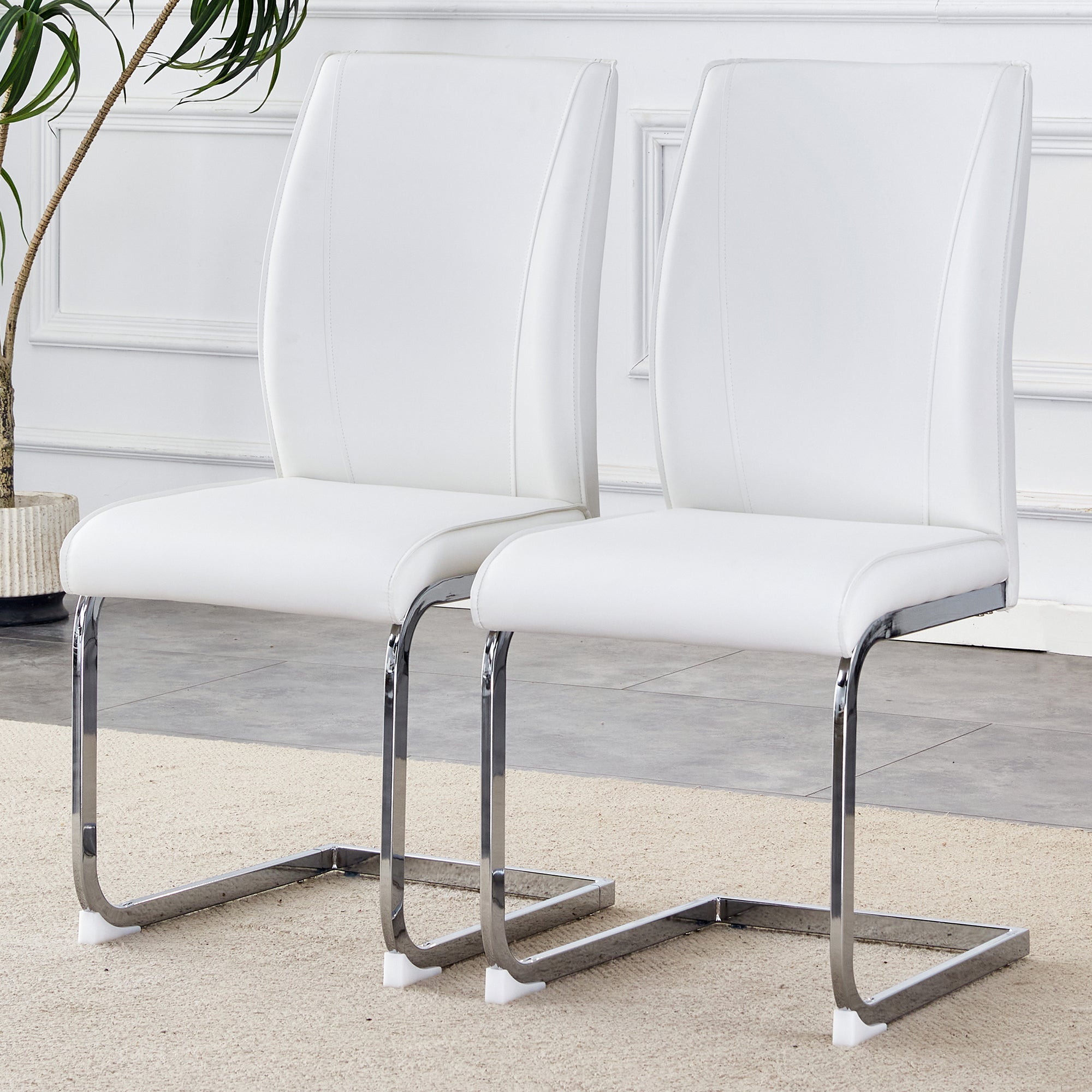 Dining Chairs Set of 2, Comfort Cushion Silver Metal Legs, White PU