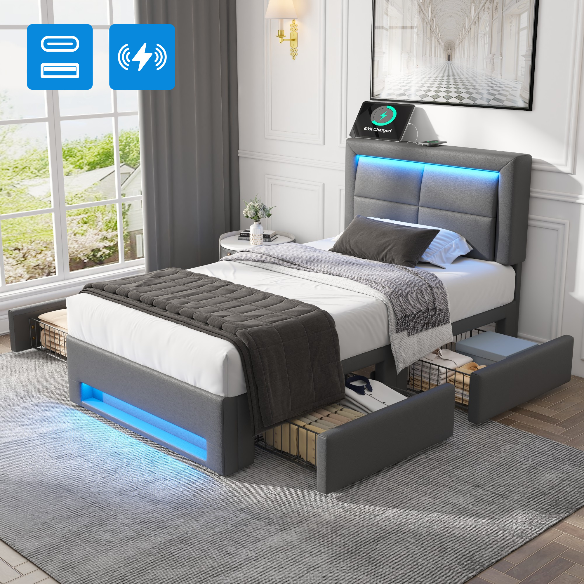 Upholstered Bed 90x200cm USB/Wireless Charging LED Lights 4 Drawers PU Lychee Pattern Grey