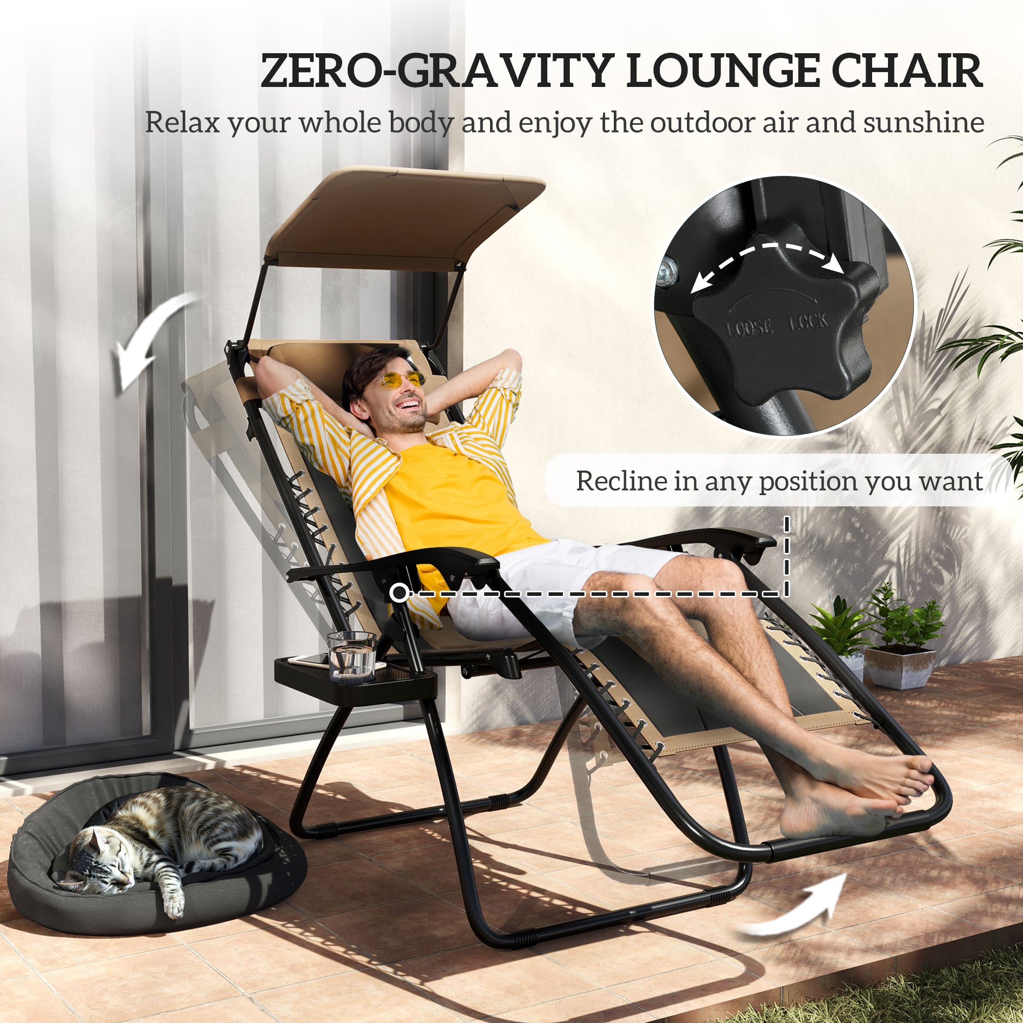 Zero Gravity Lounger Chair Set of 2, Folding Reclining with Shade, Cup Holder, and Cushion, Coffee