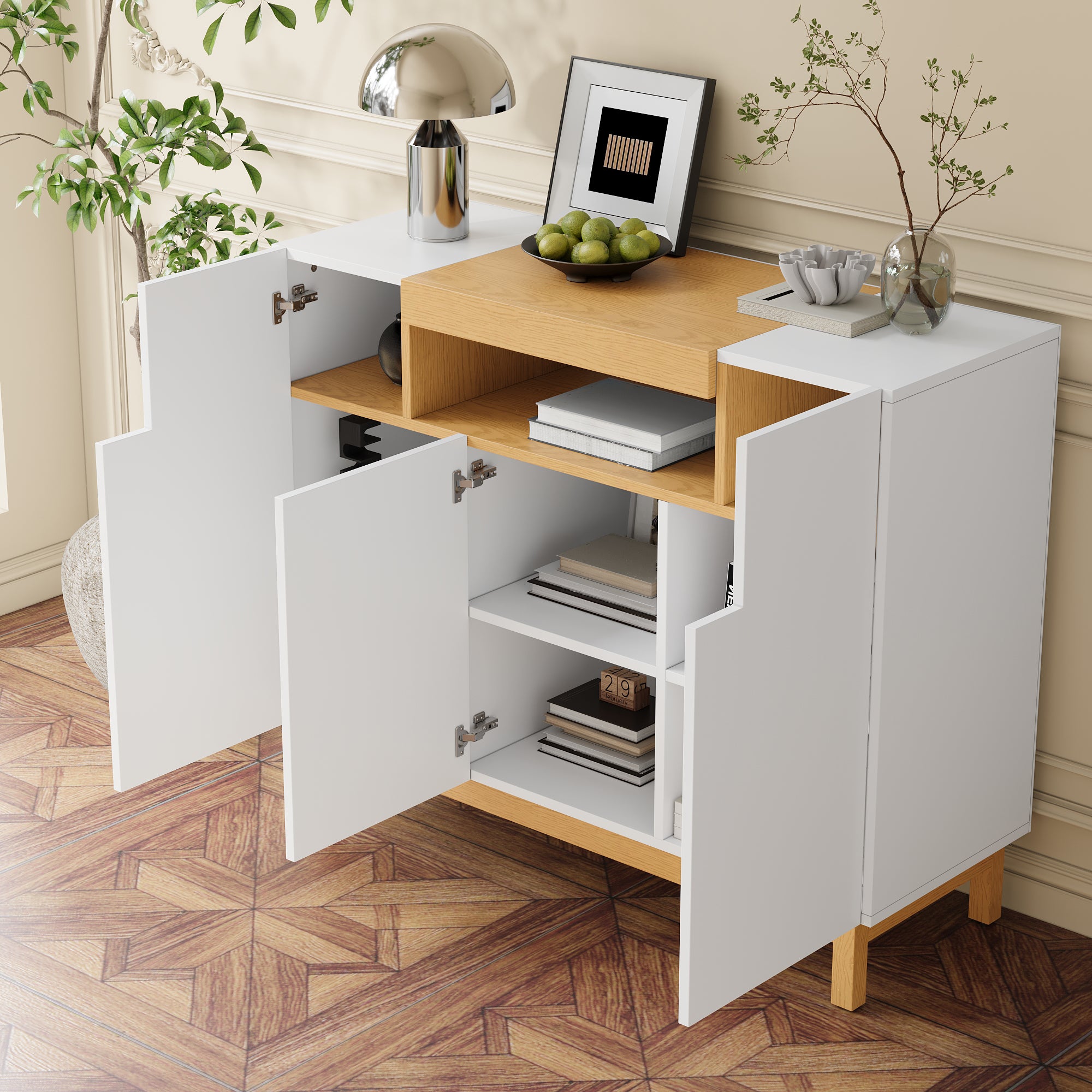 Sideboard, 3-Door Multifunctional Storage Cabinet for Living & Dining, White
