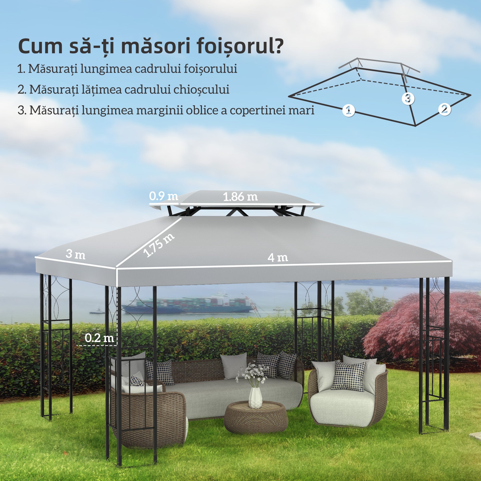 Gazebo Roof Replacement 3 x 4m Frames Light Grey