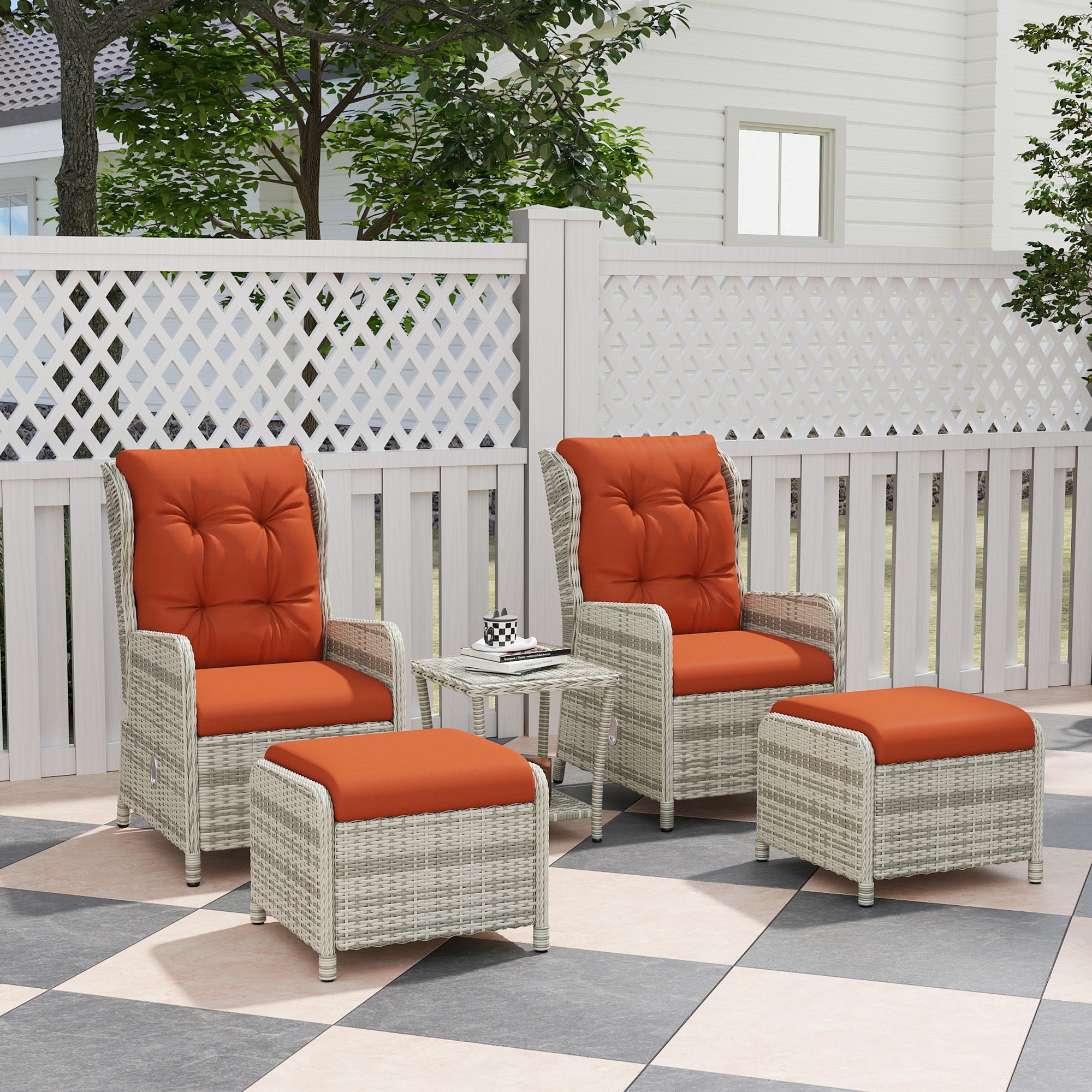 5 Pieces Rattan Bistro Set, Adjustable Reclining Chairs with Cushions and Glass Top Table, Orange