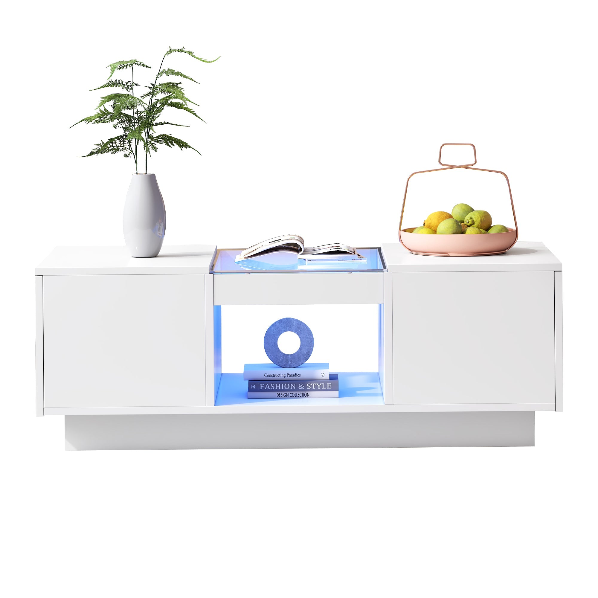 LED Coffee Table for Living Room, Modern Coffee Table with Storage with LED Lights, 2 Tiers and 2 Drawers, Large Living Room Center Tables White