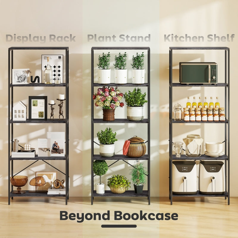 Bookshelf, 5-Tier Industrial Bookcase with Metal Frame, Dark Grey and Black