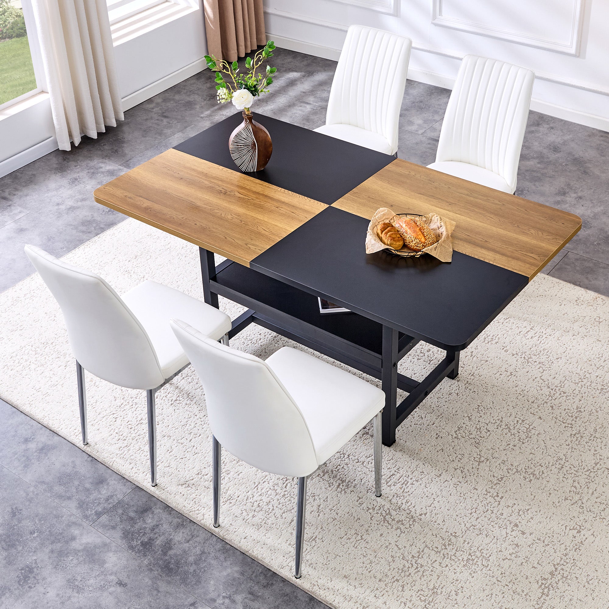 Table Set, Rectangular Dining Table with Storage Shelf and 4 Armchairs, White Faux Leather