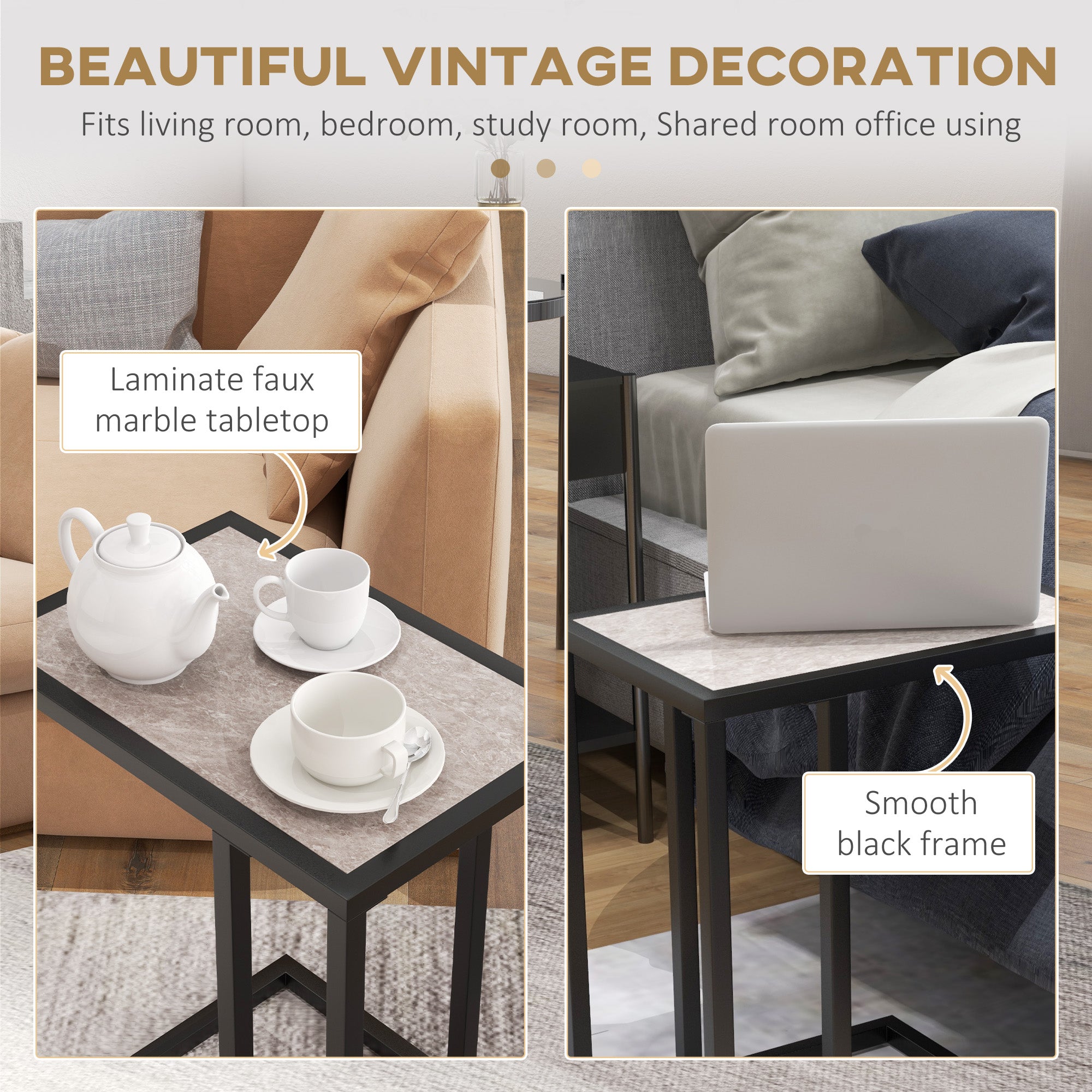 C Shape Bedside Table, Metal Frame Marble-Effect Top Snack End Table, Grey