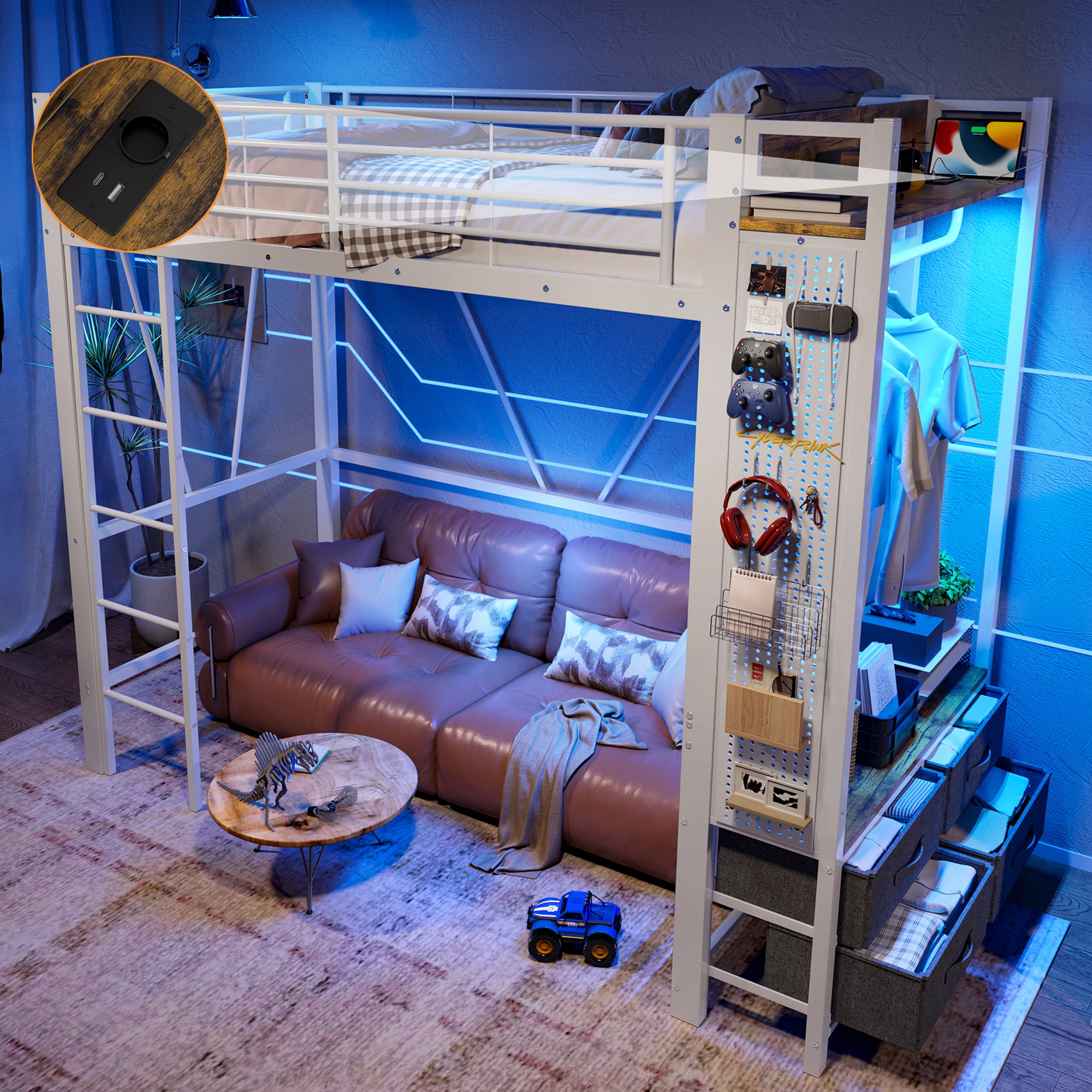 Loft Bed 90x200cm 4 Drawers USB/Type-C LED Pegboard Drying Rack - White Iron Frame