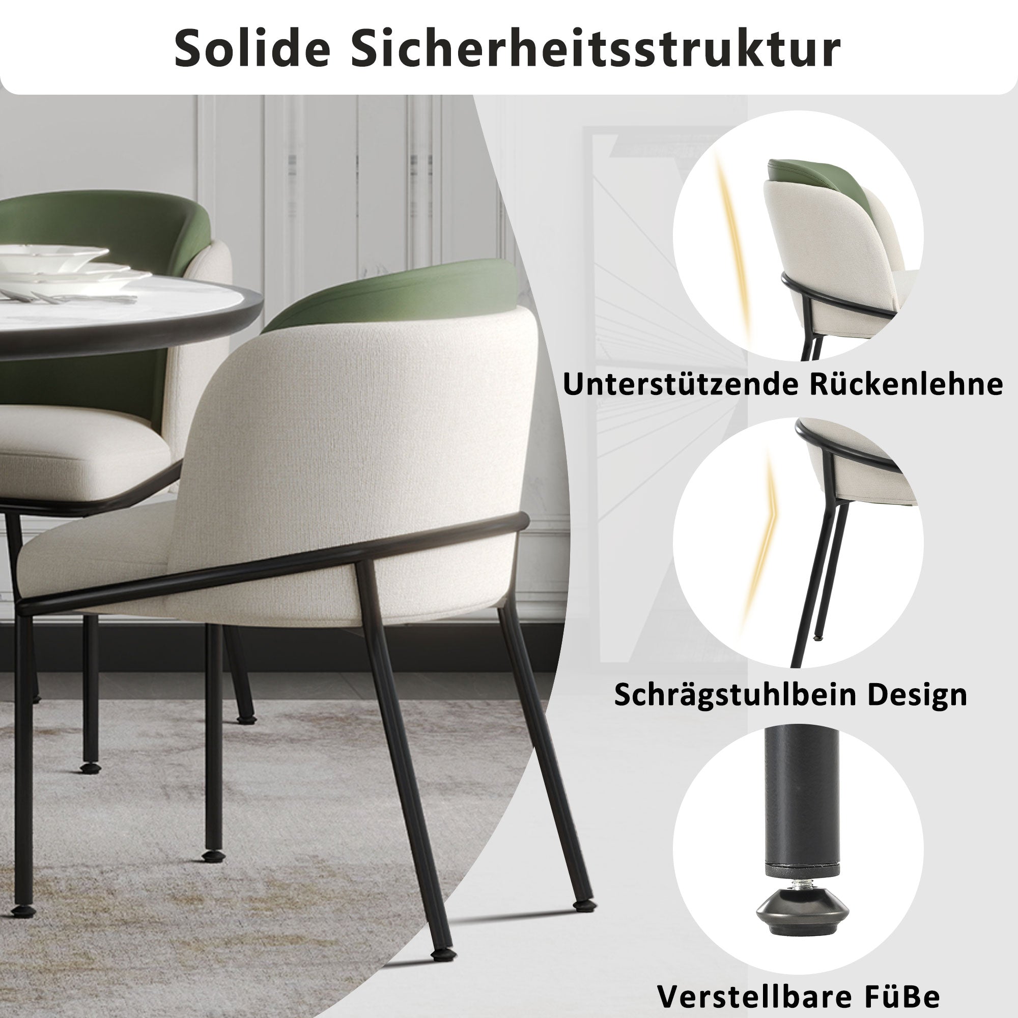 6 Modern Chairs Angled Legs Adjustable Feet Beige+Green