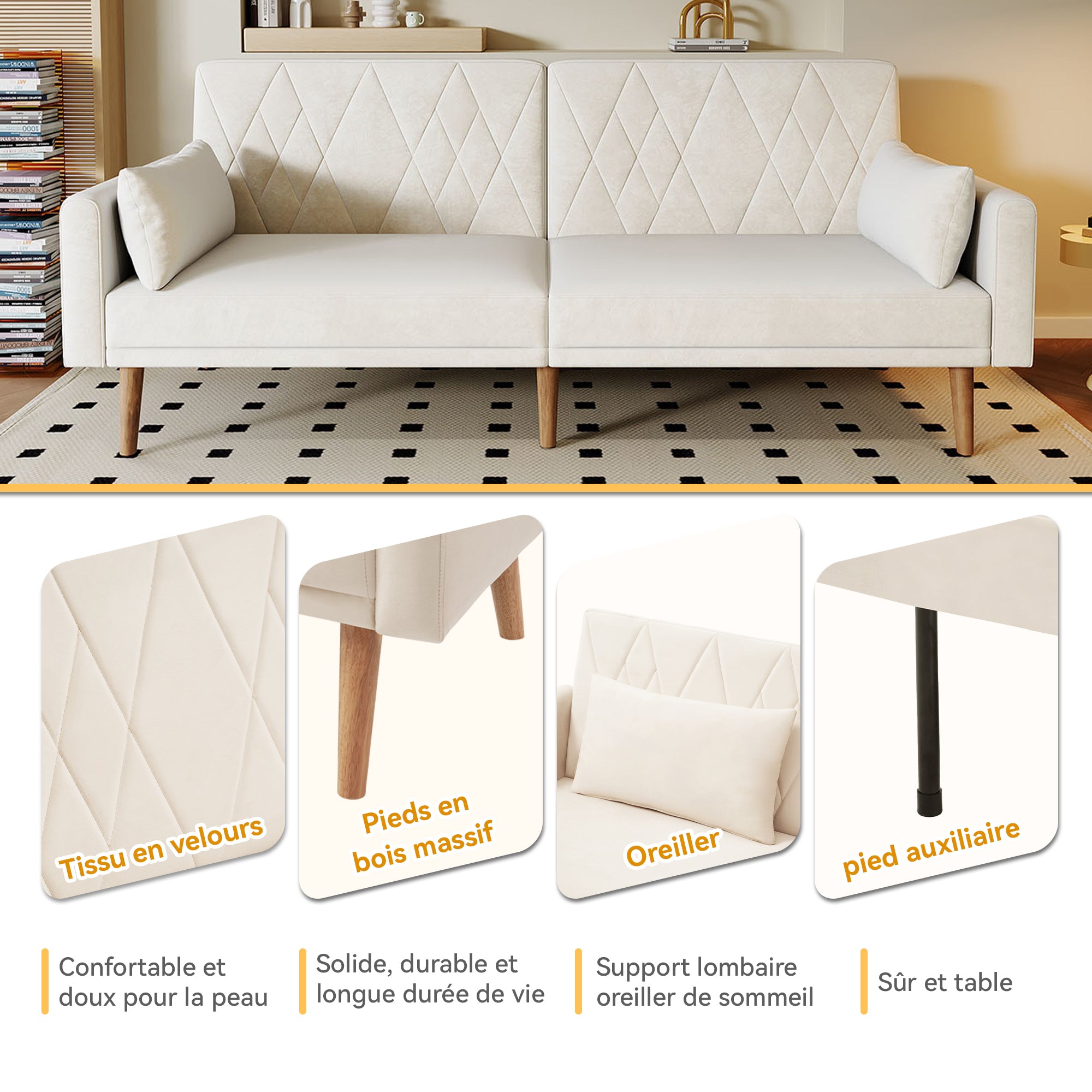 Sofa Bed, Two-Seater, Sleep Function, Velvet Fabric