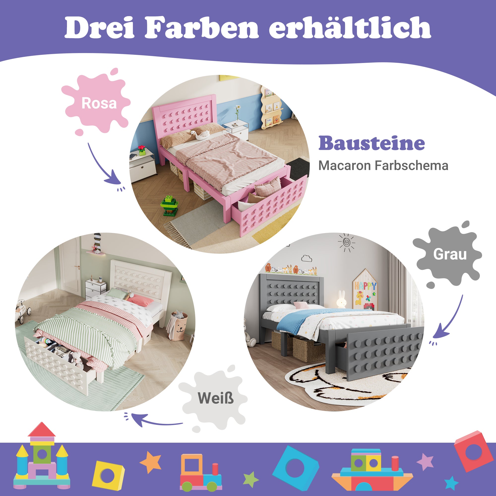 Wooden Single Bed 90x190cm Children's Creative Block Design with Drawers Pink