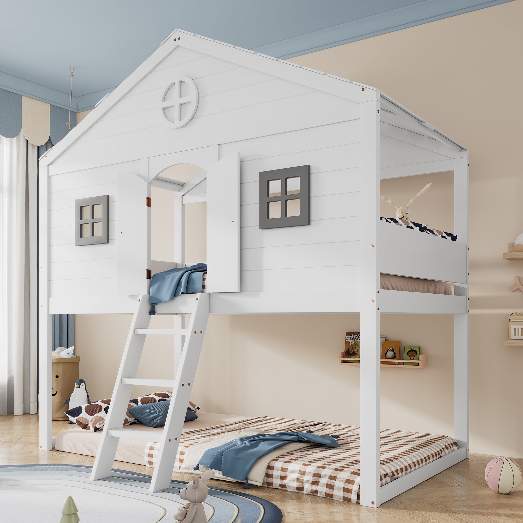 House Bed, Stairs, Safety Rail & Gate, Pine & MDF, White & Grey