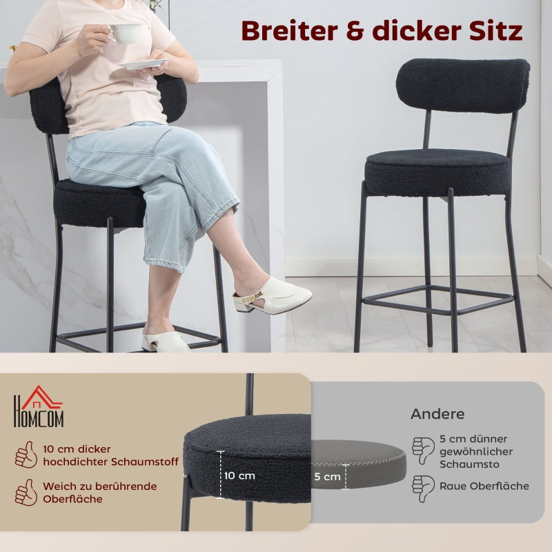 Set of 2 Bar Stools, Upholstered Seat and Footrest, Black Fleece/Metal