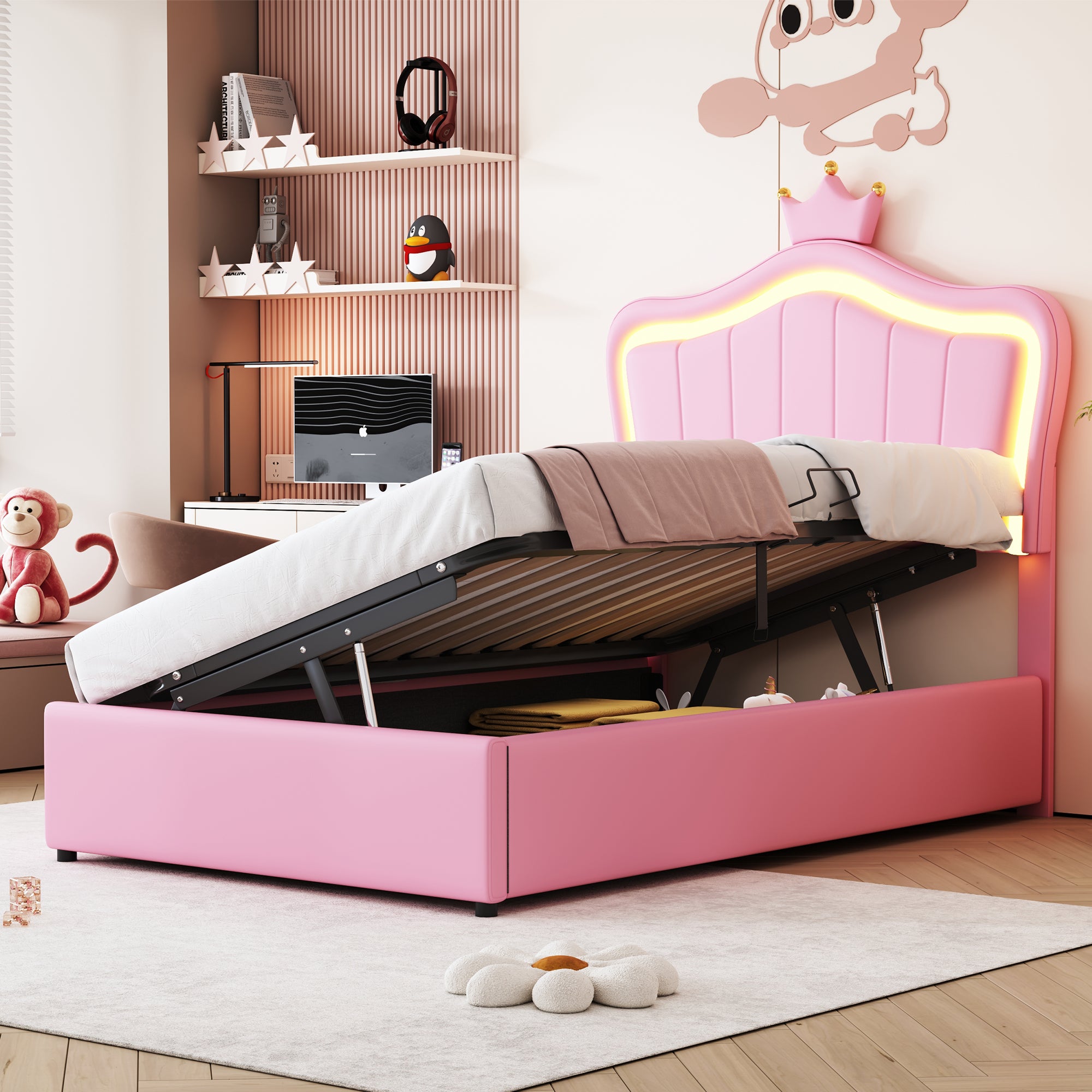 Children's Bed, Crown Design LED Hydraulic Storage, Faux Leather Pink