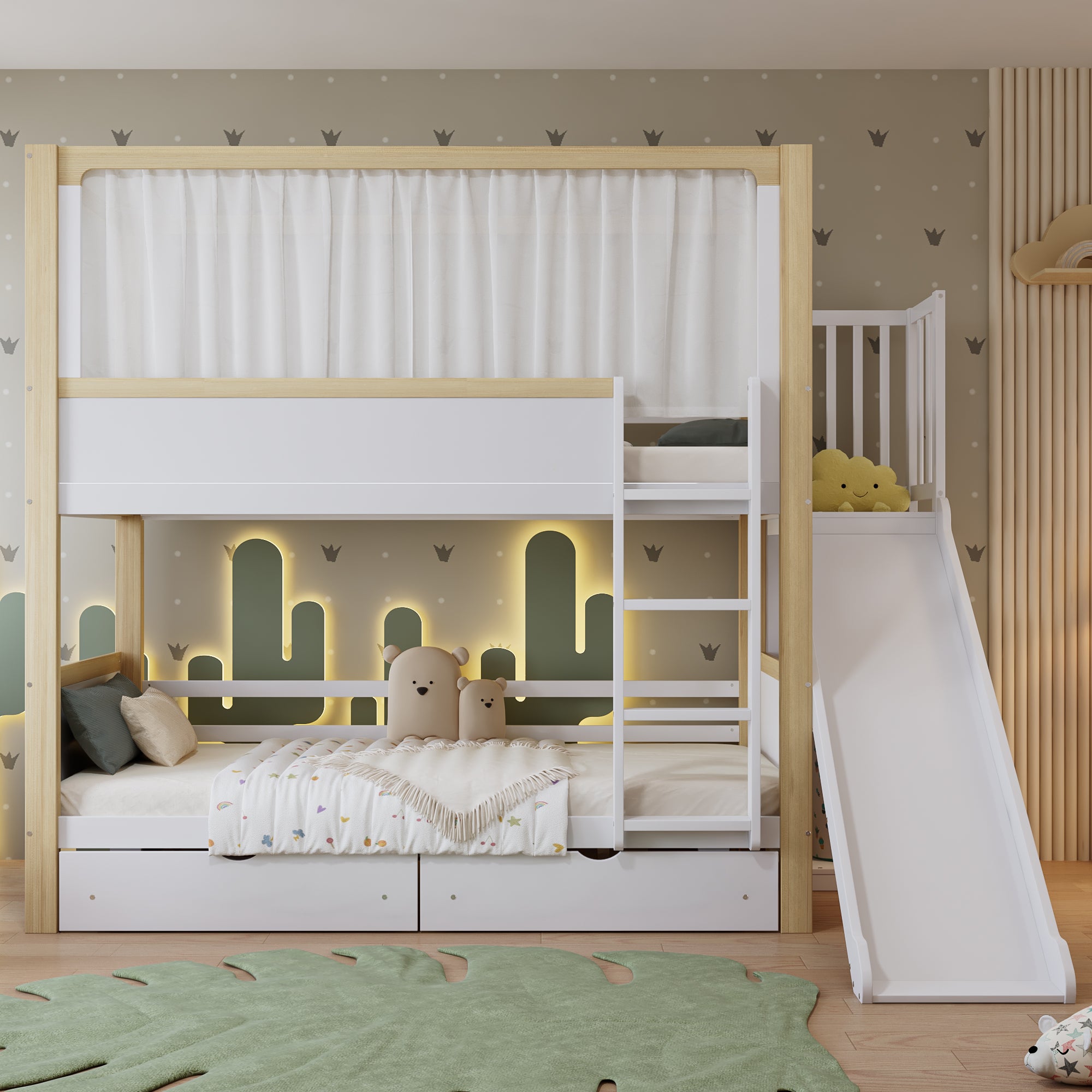 Bunk Bed, Children's with Drawers, Slide & Fabric Curtain, Pine, MDF, Plywood, White & Natural, 90x200cm