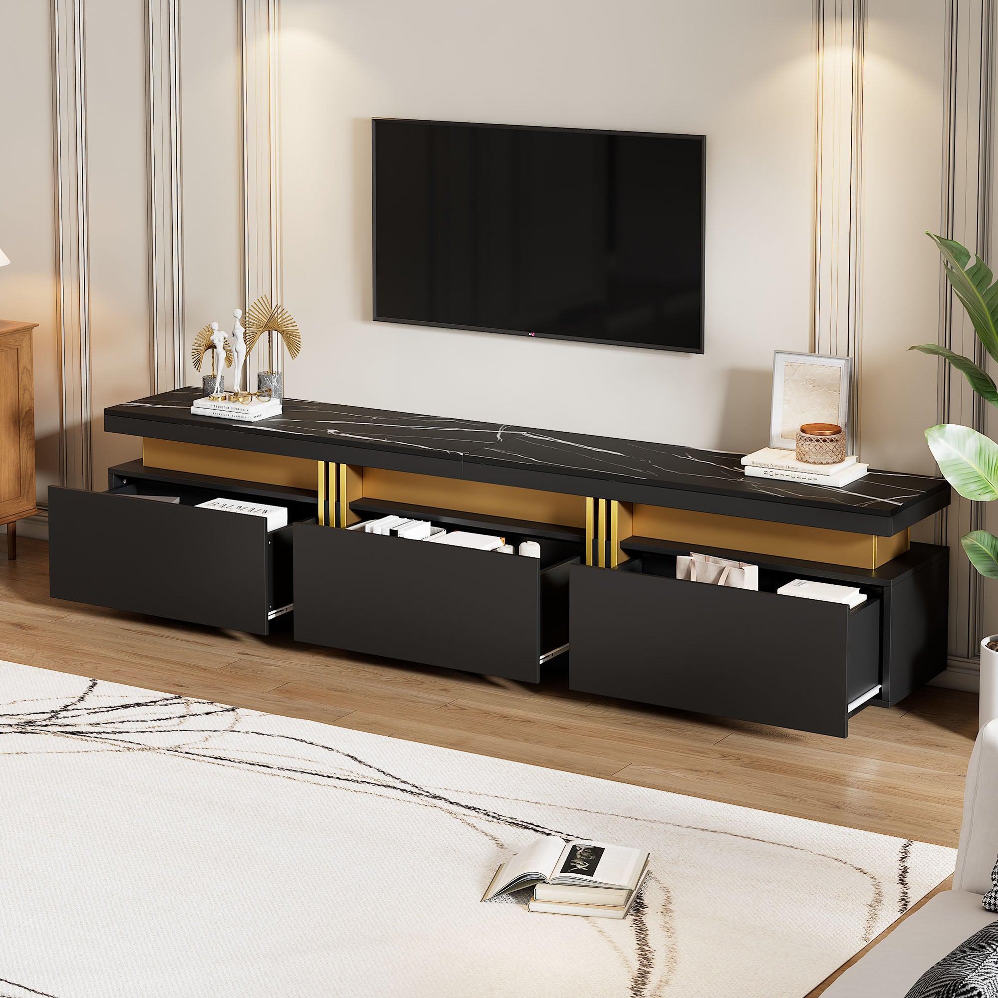 Lowboard TV Cabinet, Modern Marble Look with 3 Drawers, for up to 90-inch TVs