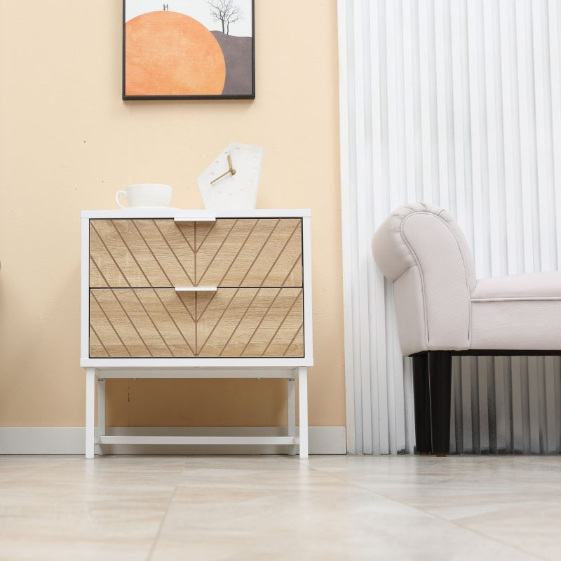 Modern Bedside Table with 2 Drawers, Sofa Side Table, White and Oak