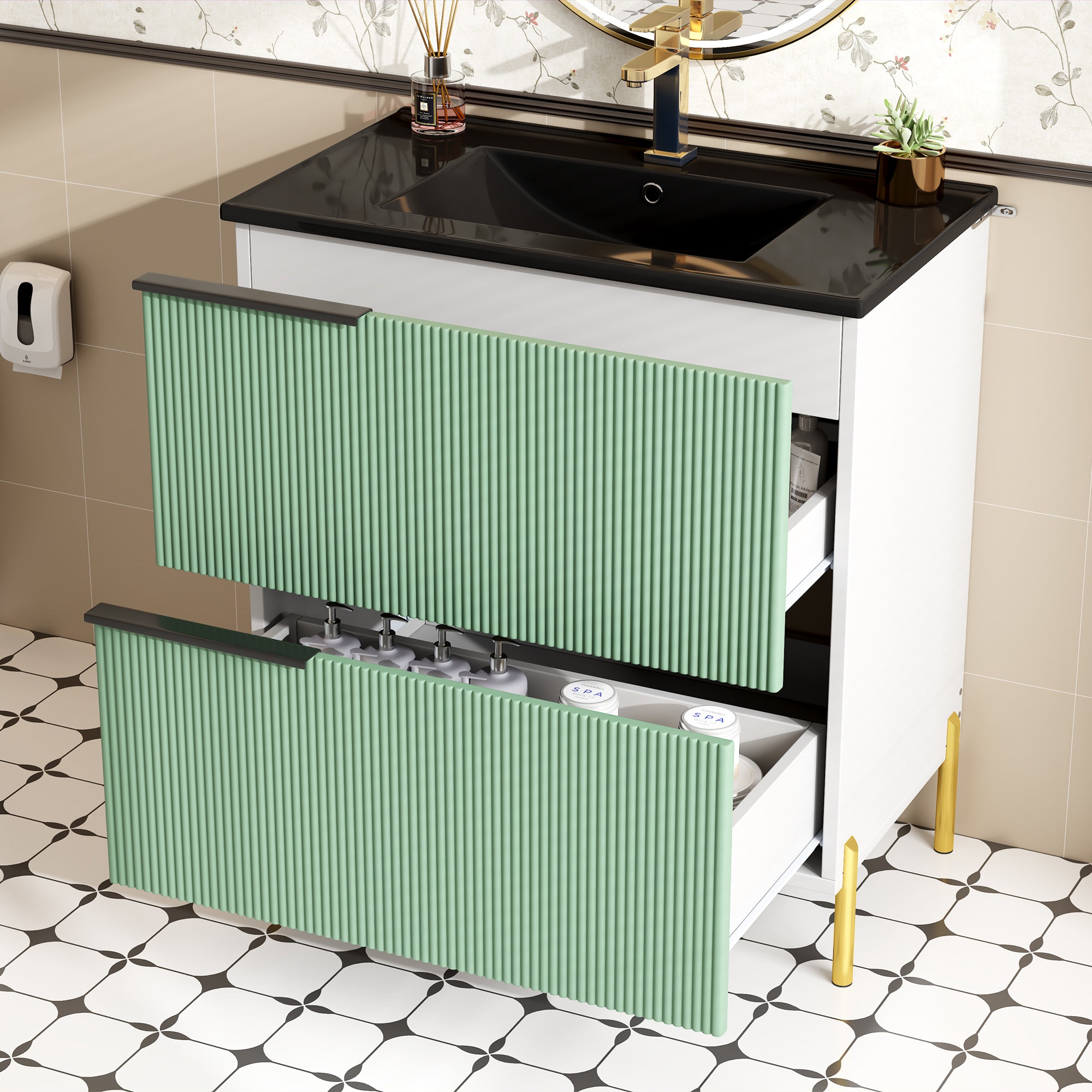 Bathroom Vanity Unit with Ceramic Sink and Storage Drawers, Green
