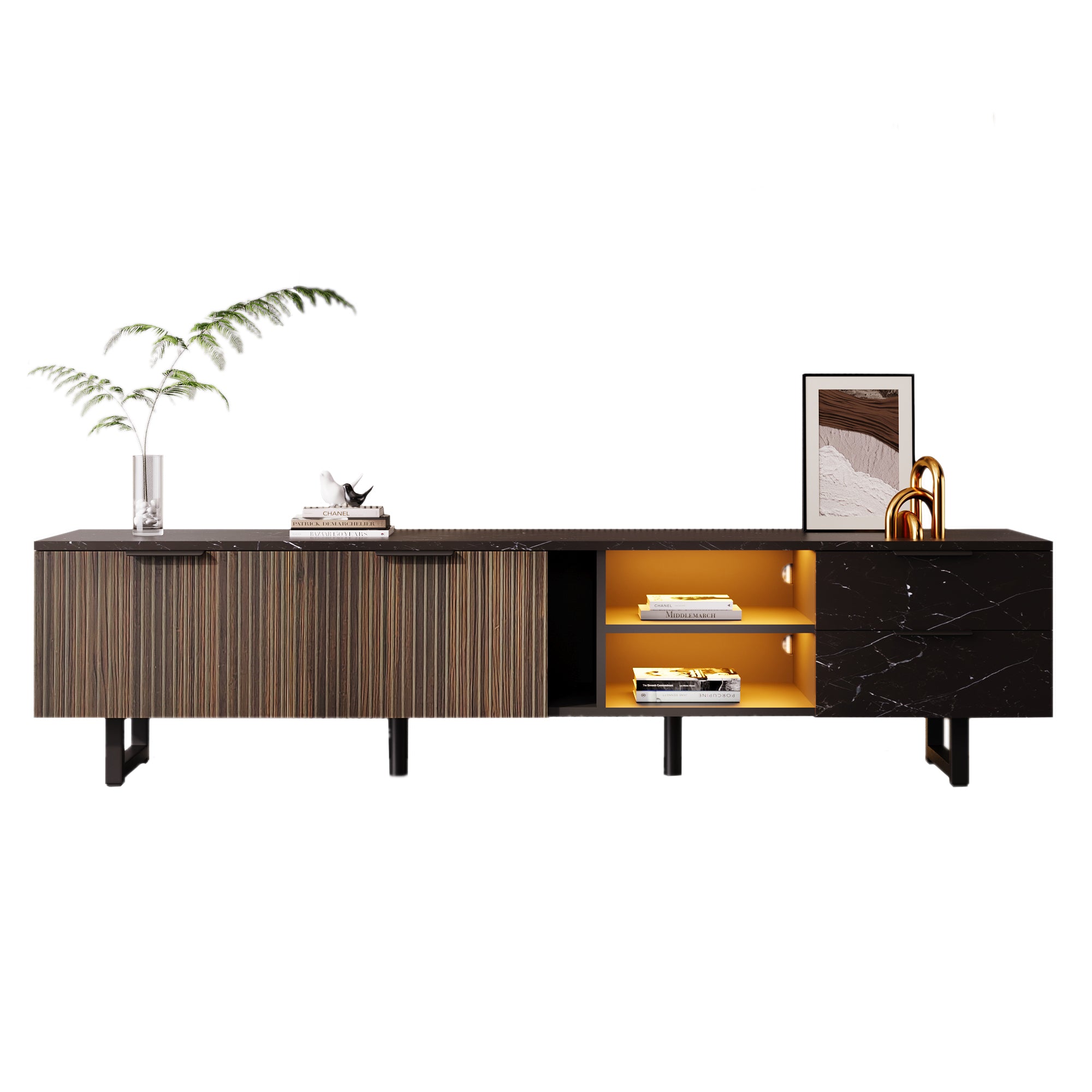 TV Cabinet, 200cm, Adjustable LED, 2 Doors, 2 Drawers, Black Marble & Dark Wood