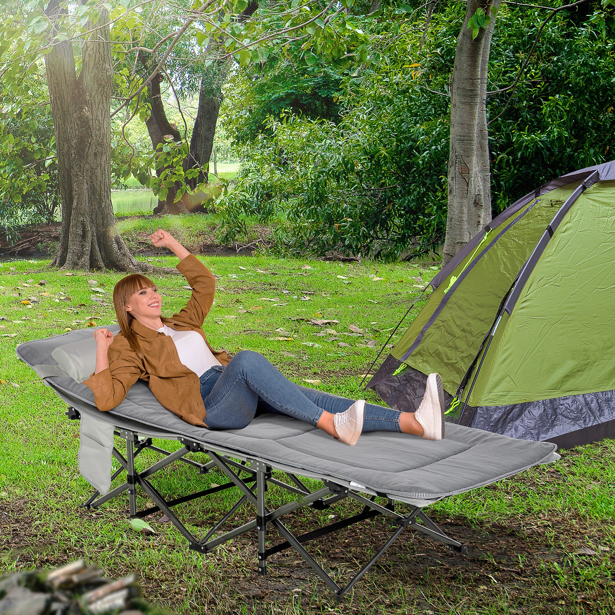 Camping Bed Folding with Pillow, Side Pocket, 150kg, Light Grey