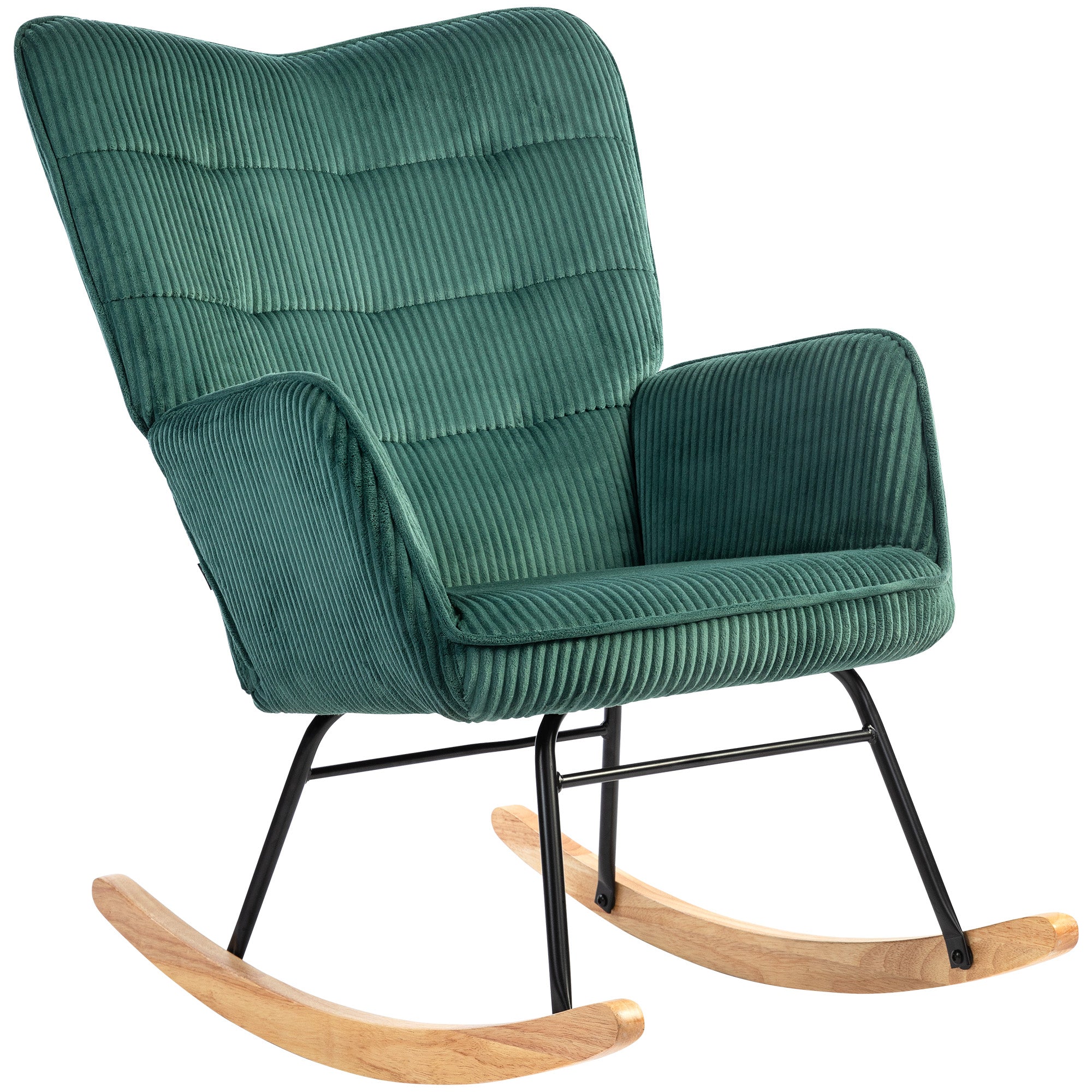 Rocking Chair Armchair Wooden Runners Corduroy Dark Green