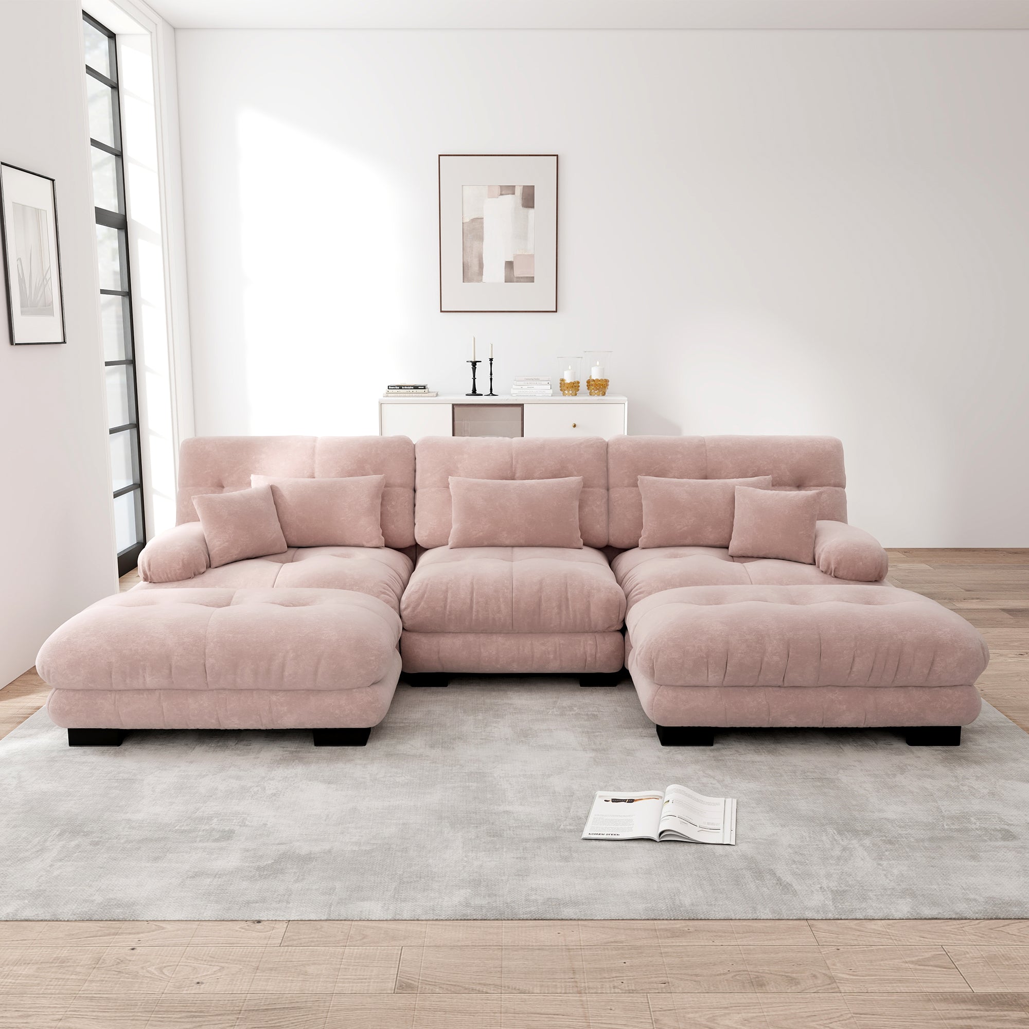 Luxury Modular Corner Sofa - Oversized U-shaped Cloud Couch, Deep Seating, Convertible Sleeper with Ottoman, Chenille Pink
