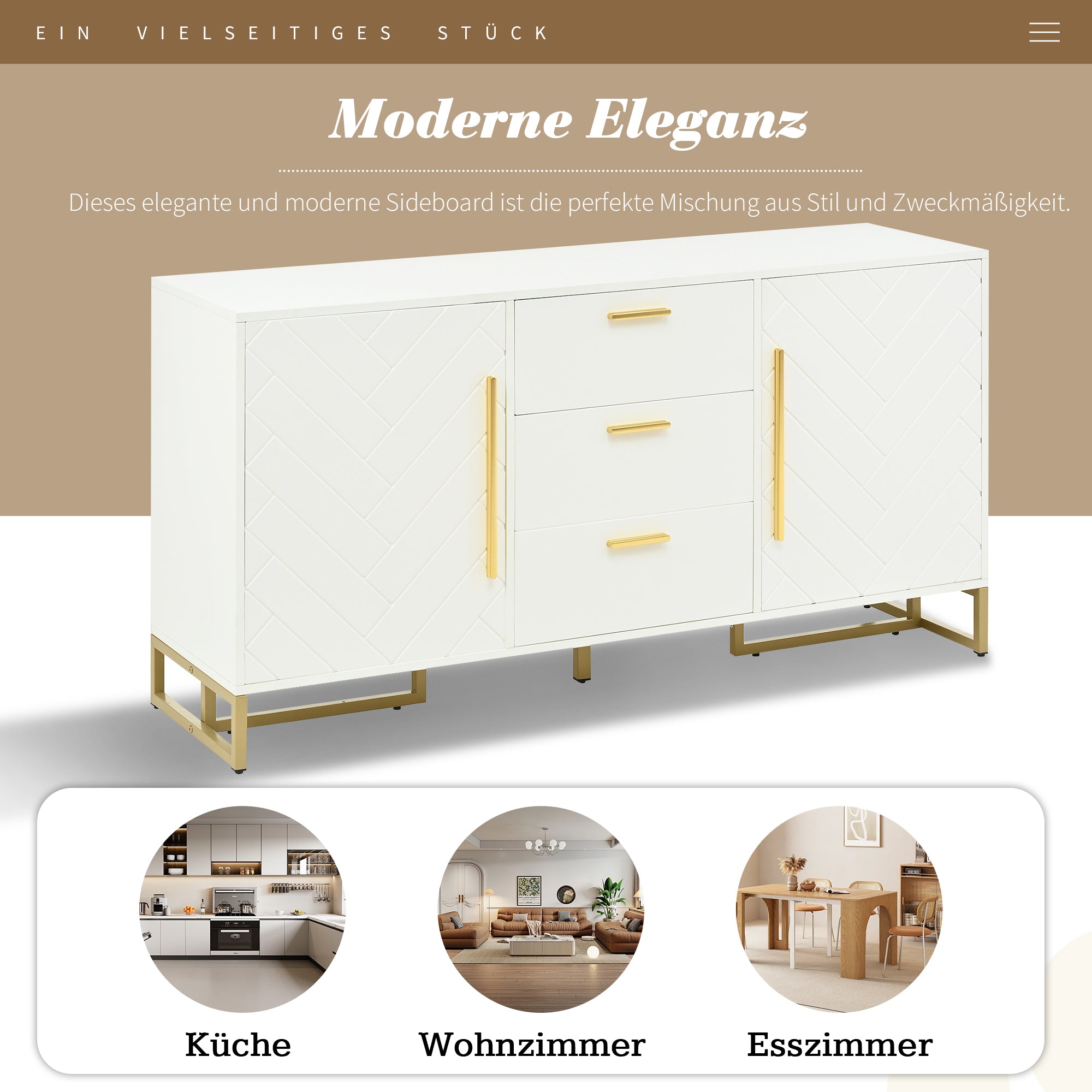 Sideboard Herringbone Pattern 2 Doors 3 Drawers - White