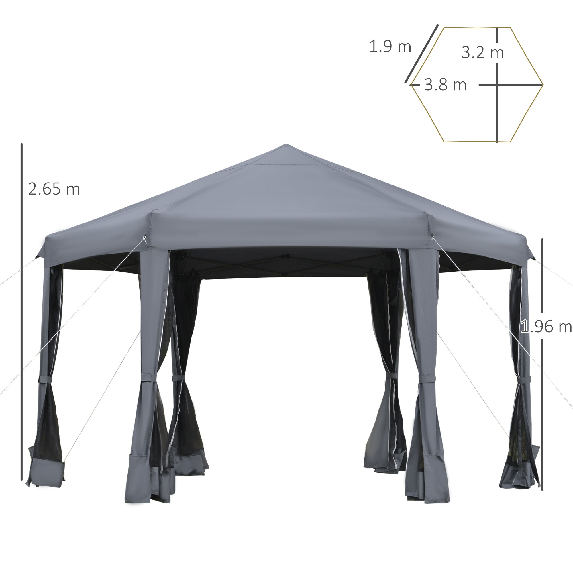 Pop Up Gazebo Hexagonal Canopy Tent with 6 Mesh Sidewalls, Grey