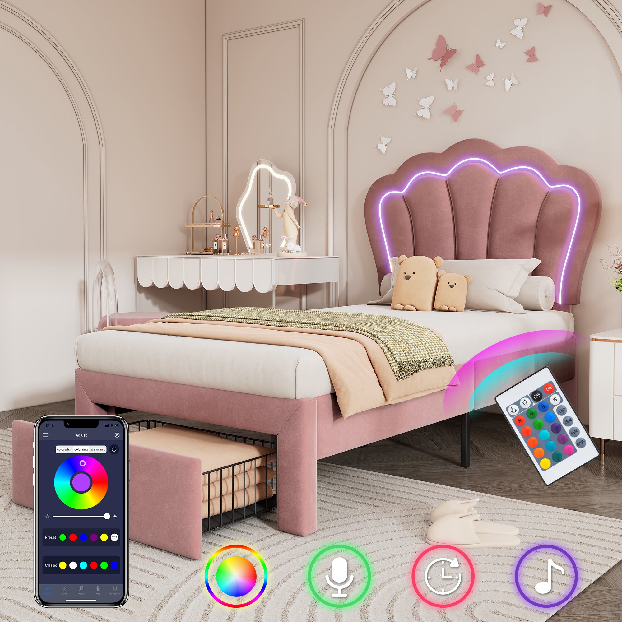 Children's Bed, LED Single with Drawers, APP-Control, Adjustable Headboard, Velvet Pink