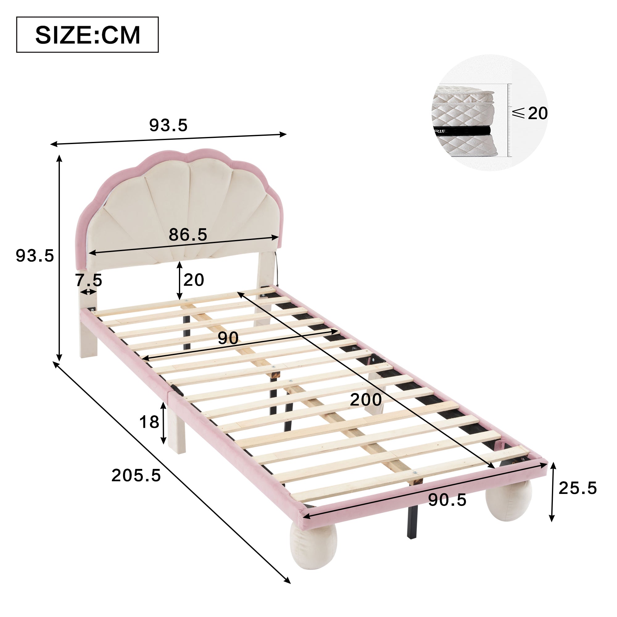 Upholstered Single Bed LED Lights Wave Headboard 90x200cm, Velvet Beige+Pink