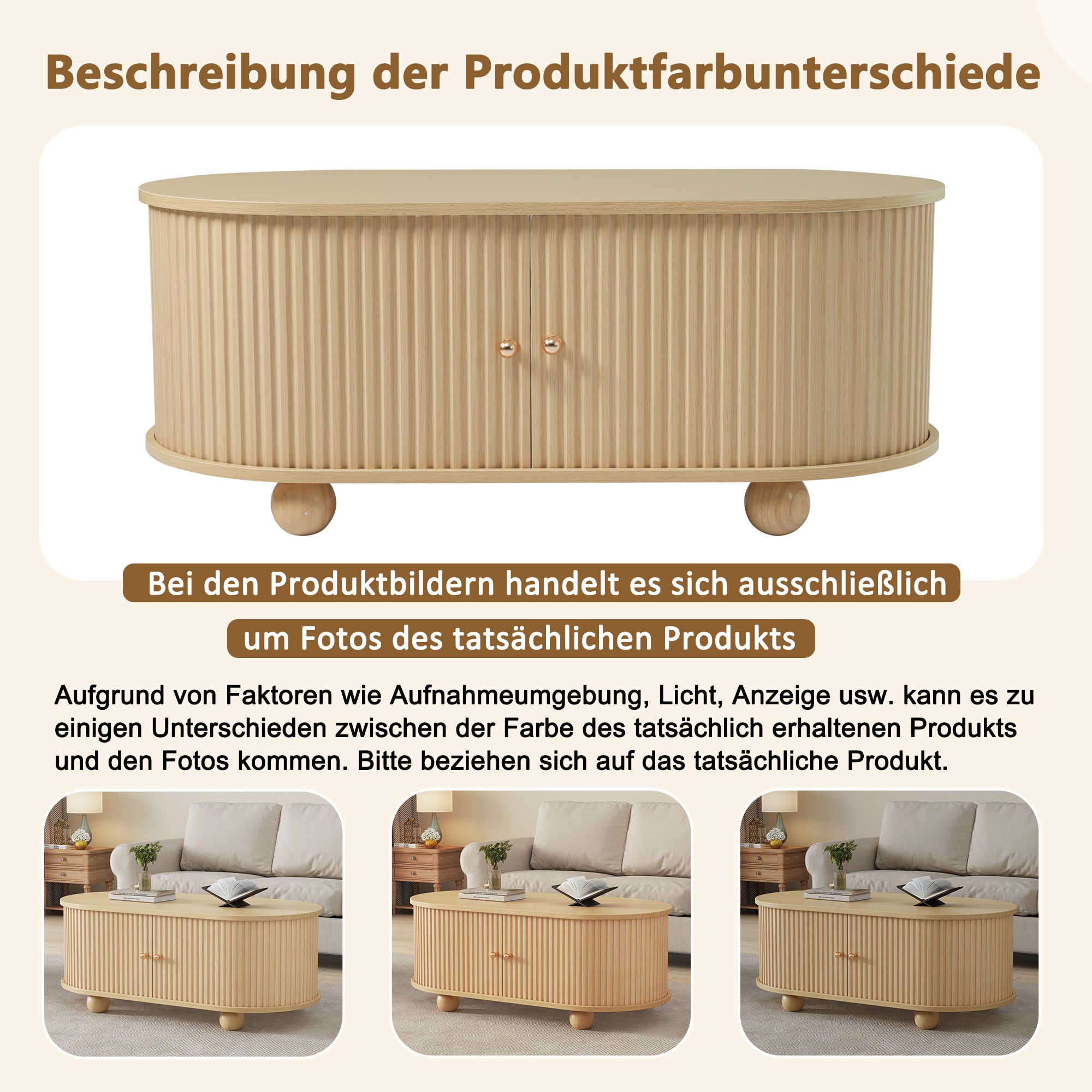 Oval Coffee Table with Storage and Sliding Doors, Multifunctional, Wood Colors