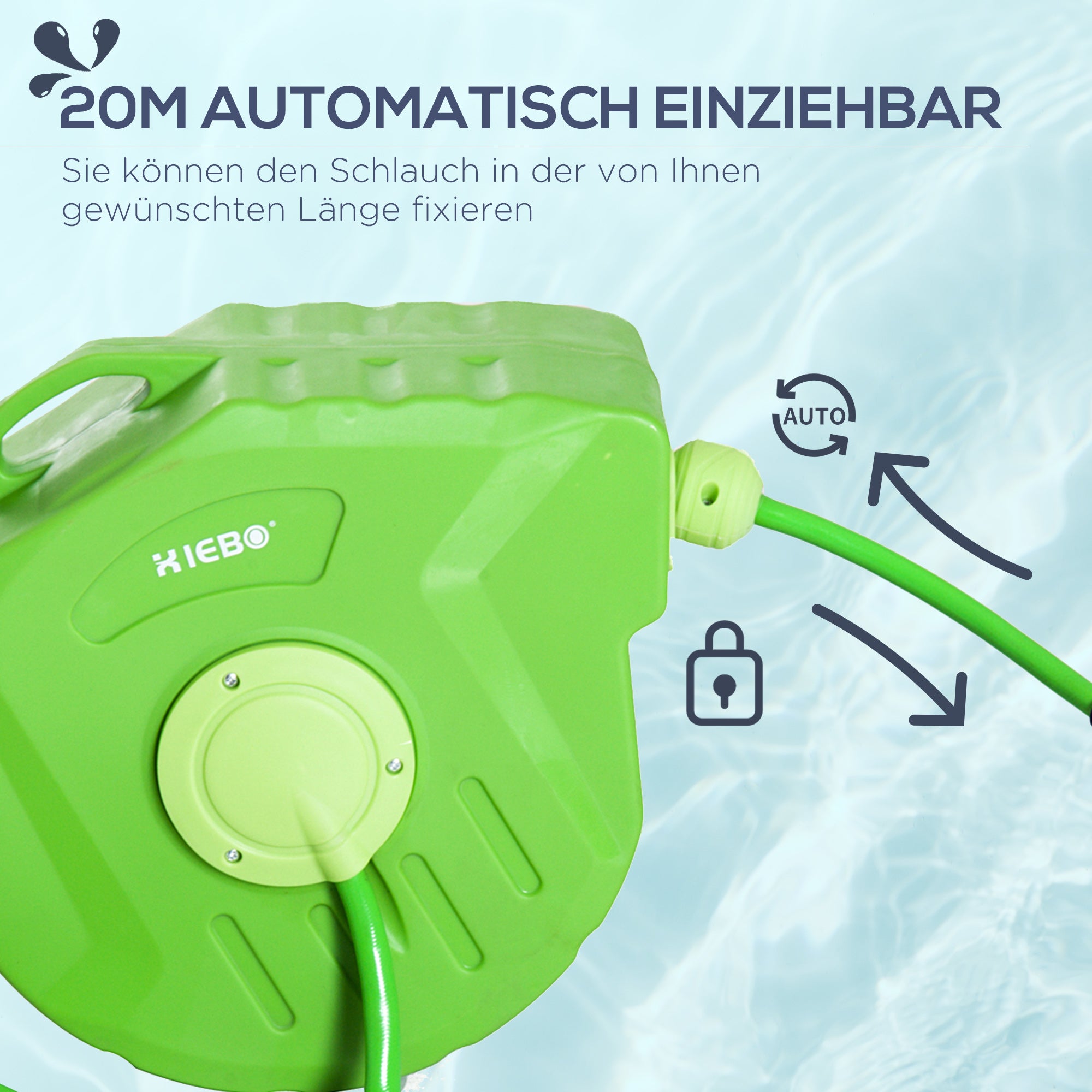 Automatic Hose Reel 15m Swivelling Compressed Air & Gardening, Green