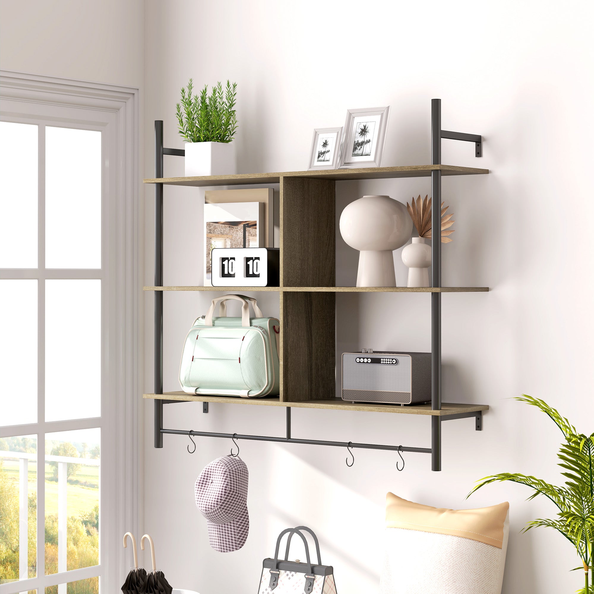 Three-Tier Floating Shelf Wall Display Storage Unit Grey Wood Effect