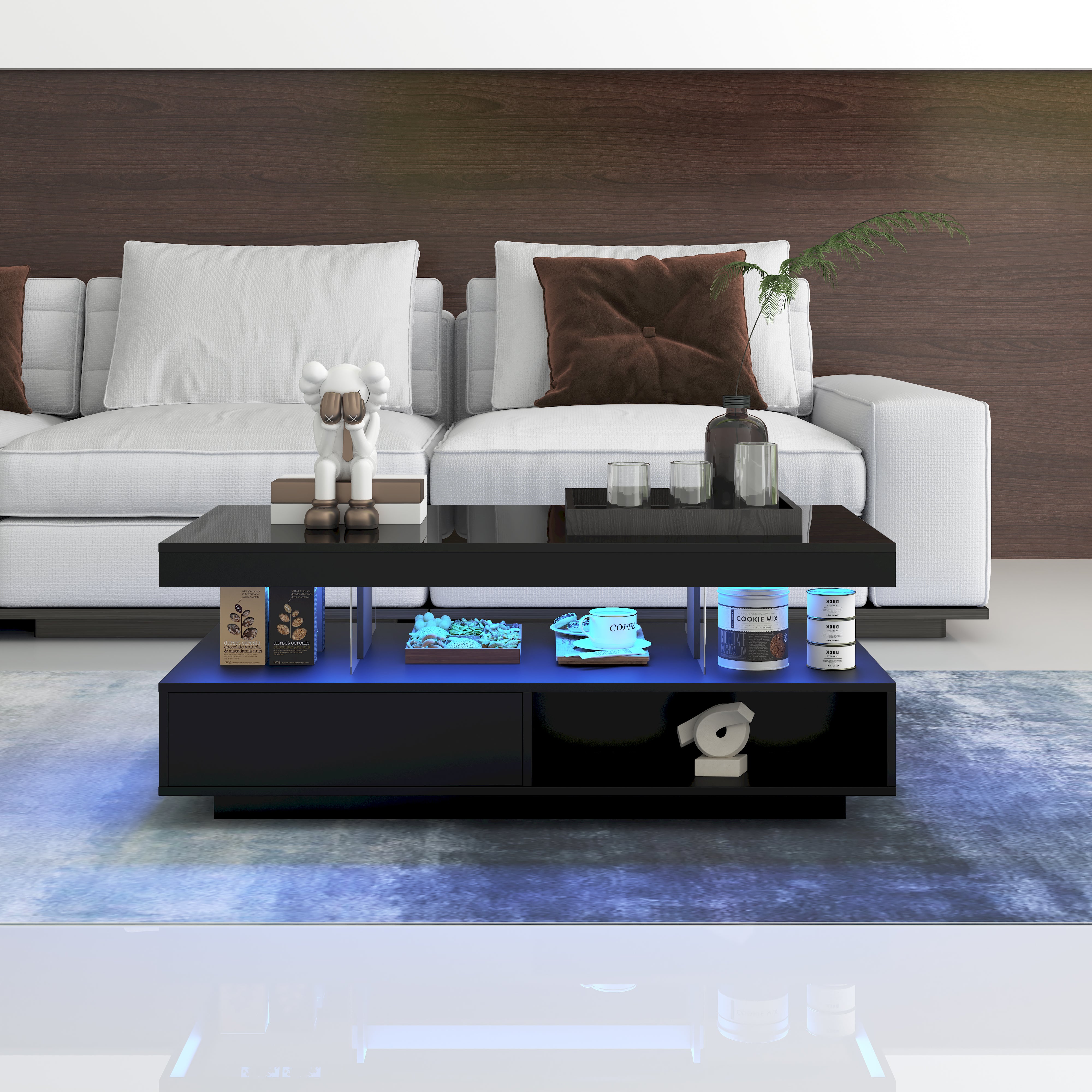 Black High-Gloss Coffee Table with Glass Tops & Drawers