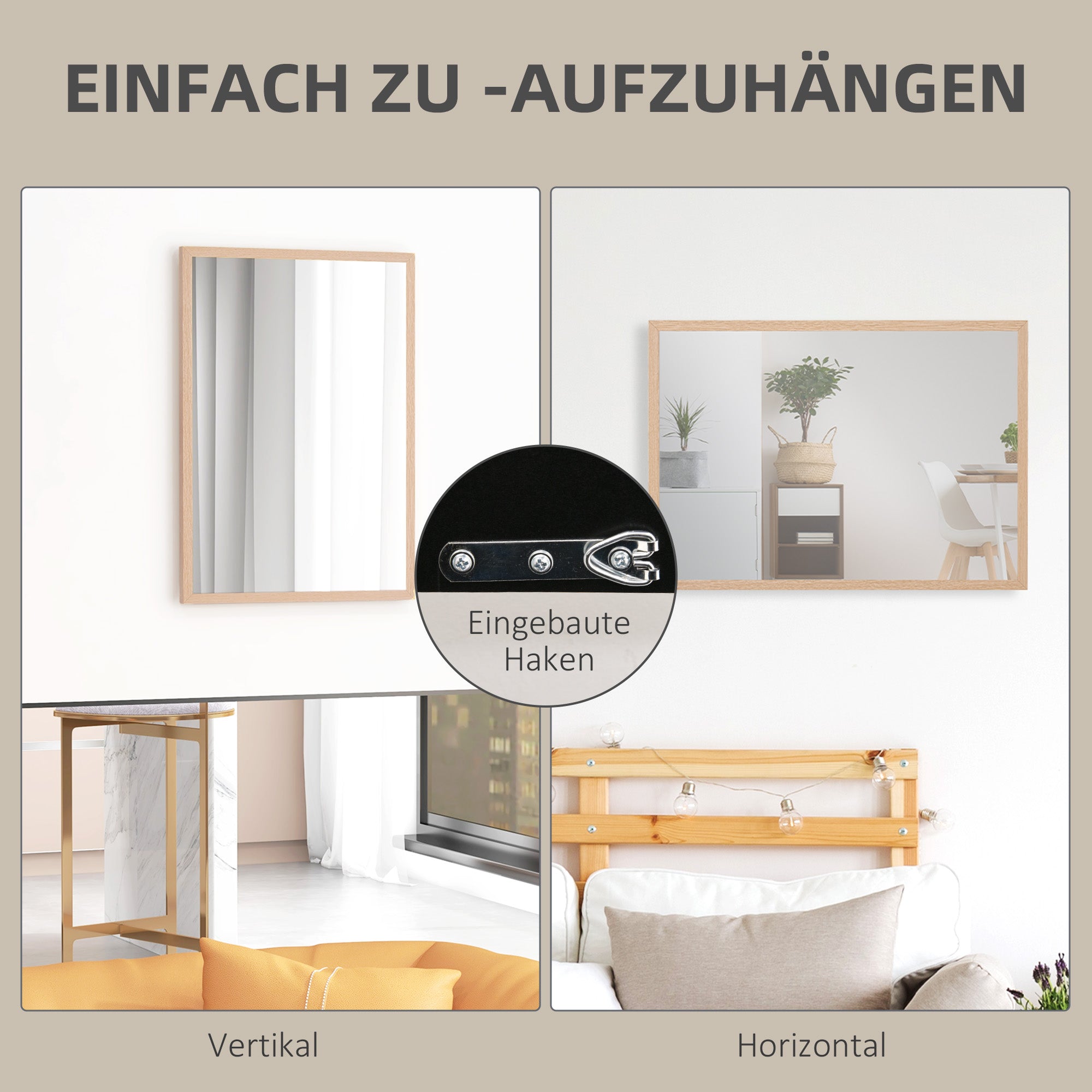 Wall Mirror, 50x70cm Decorative with 4 Hooks, Rectangular