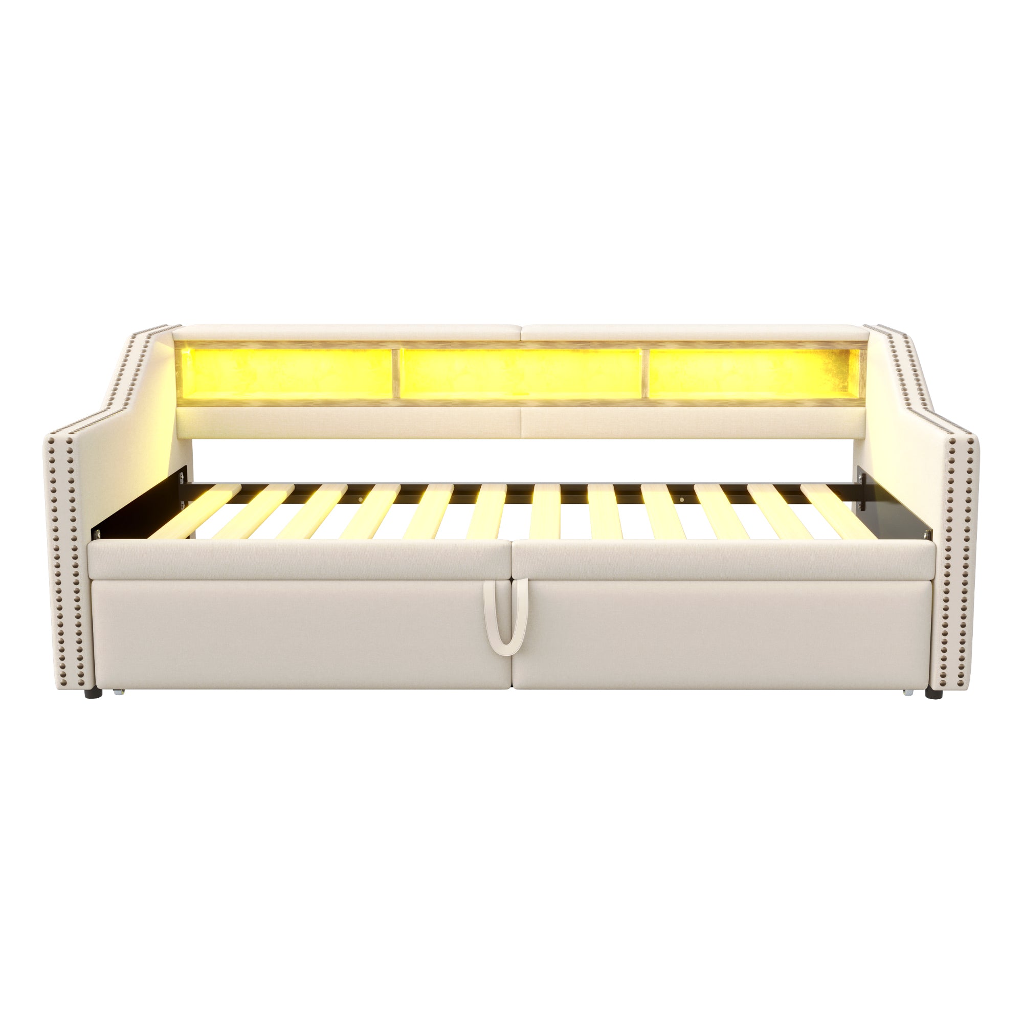 Upholstered Bed, Pull-Out Sofa Bed with Storage, LED & USB, Beige