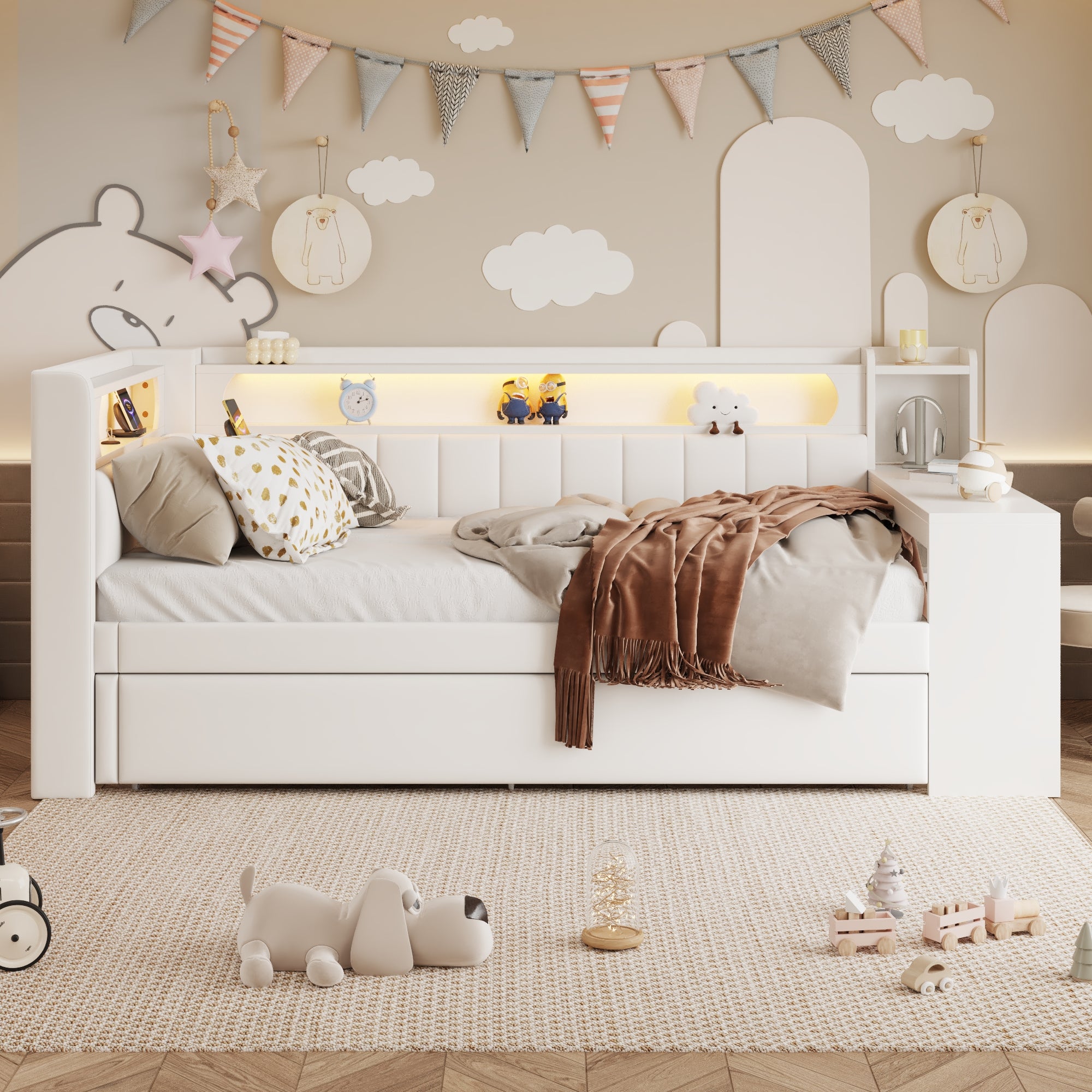 Daybed Upholstered 90x200cm Pull-out Bed Desk LED USB - White