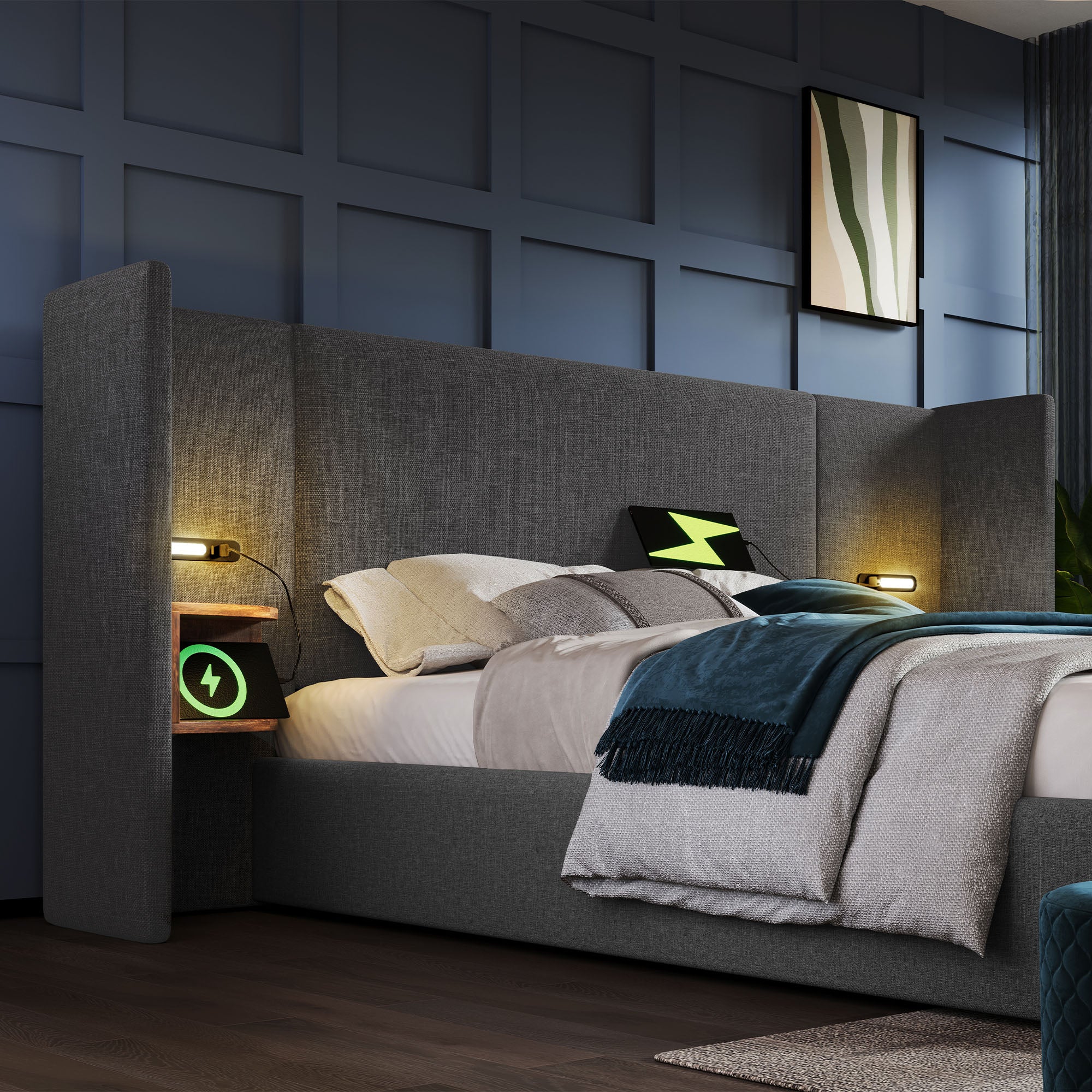 Upholstered Double Bed 160x200, with Bedside Table, Lamp, USB Type-C, Gray Linen