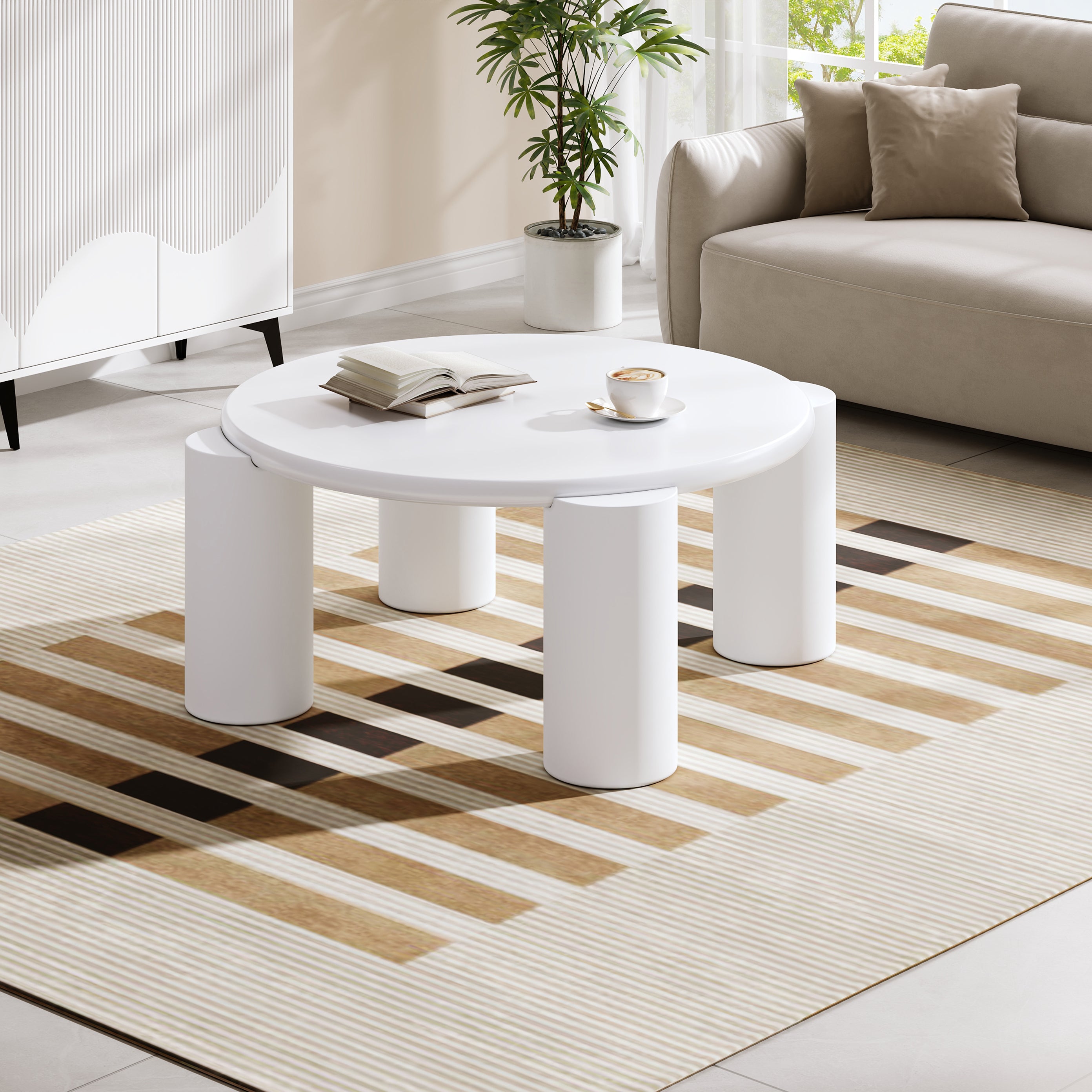 White Cloud Coffee Table, Modern Round Edge with 4 Sturdy Support Legs, Small, White