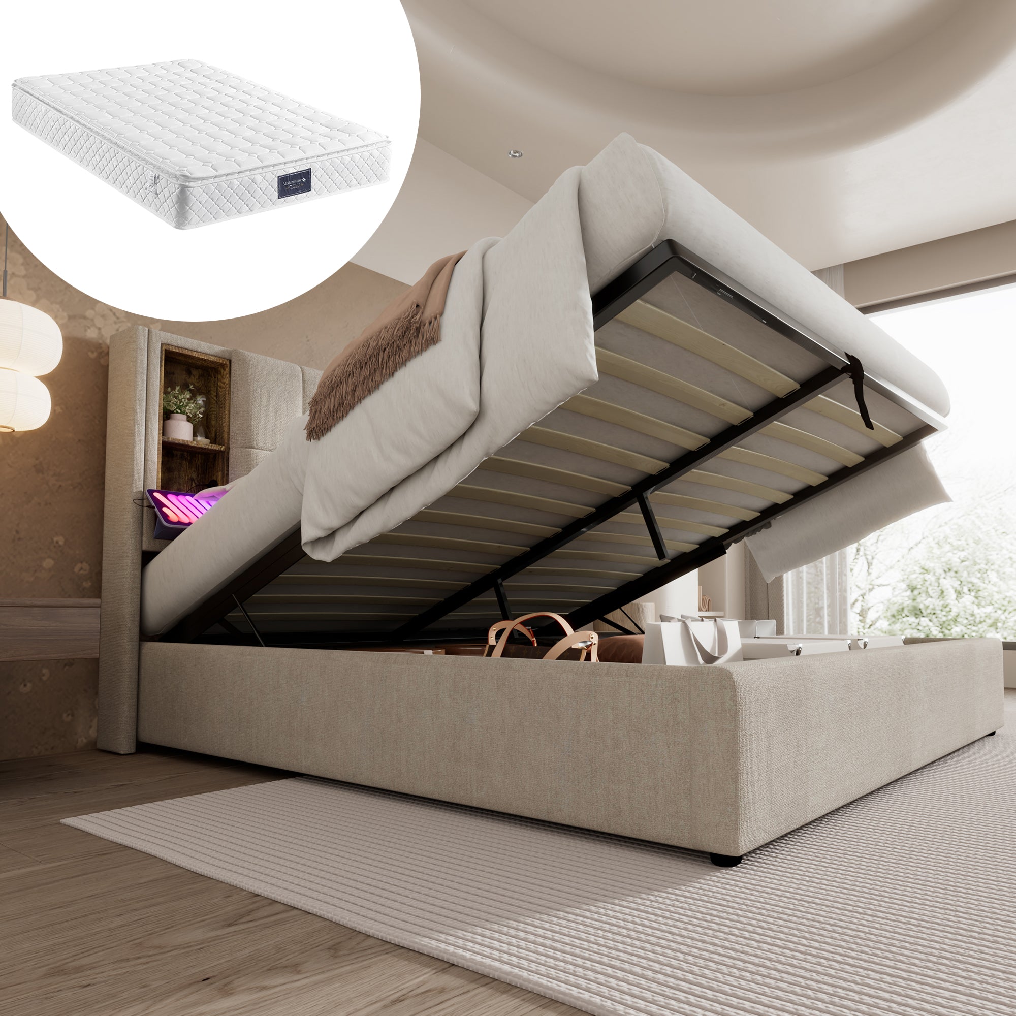 Double Bed, Wireless Charging USB-C, Storage, Wooden Slatted Frame, Natural Linen