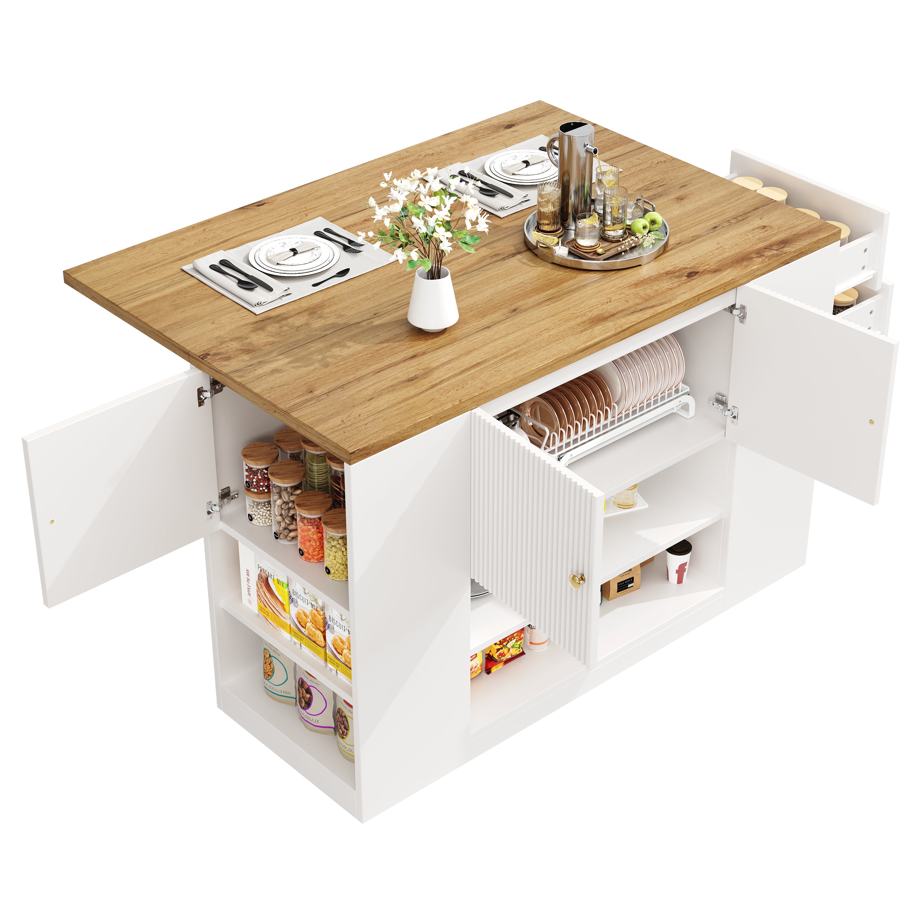 Modern Kitchen Island Sideboard with Drawers and Shelves - White