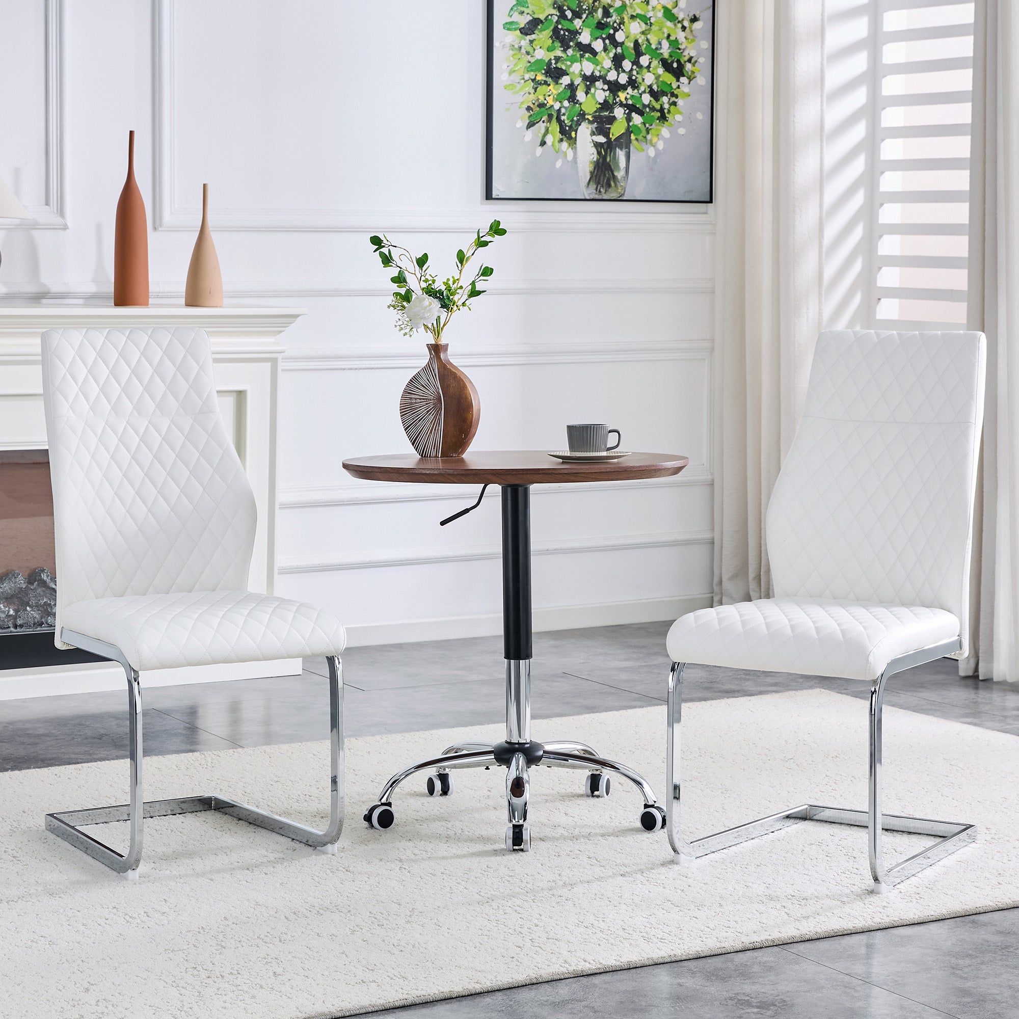 Dining Chair Set of 2 with High Backrest and Padded Seat, White PU Leather and Silver Metal